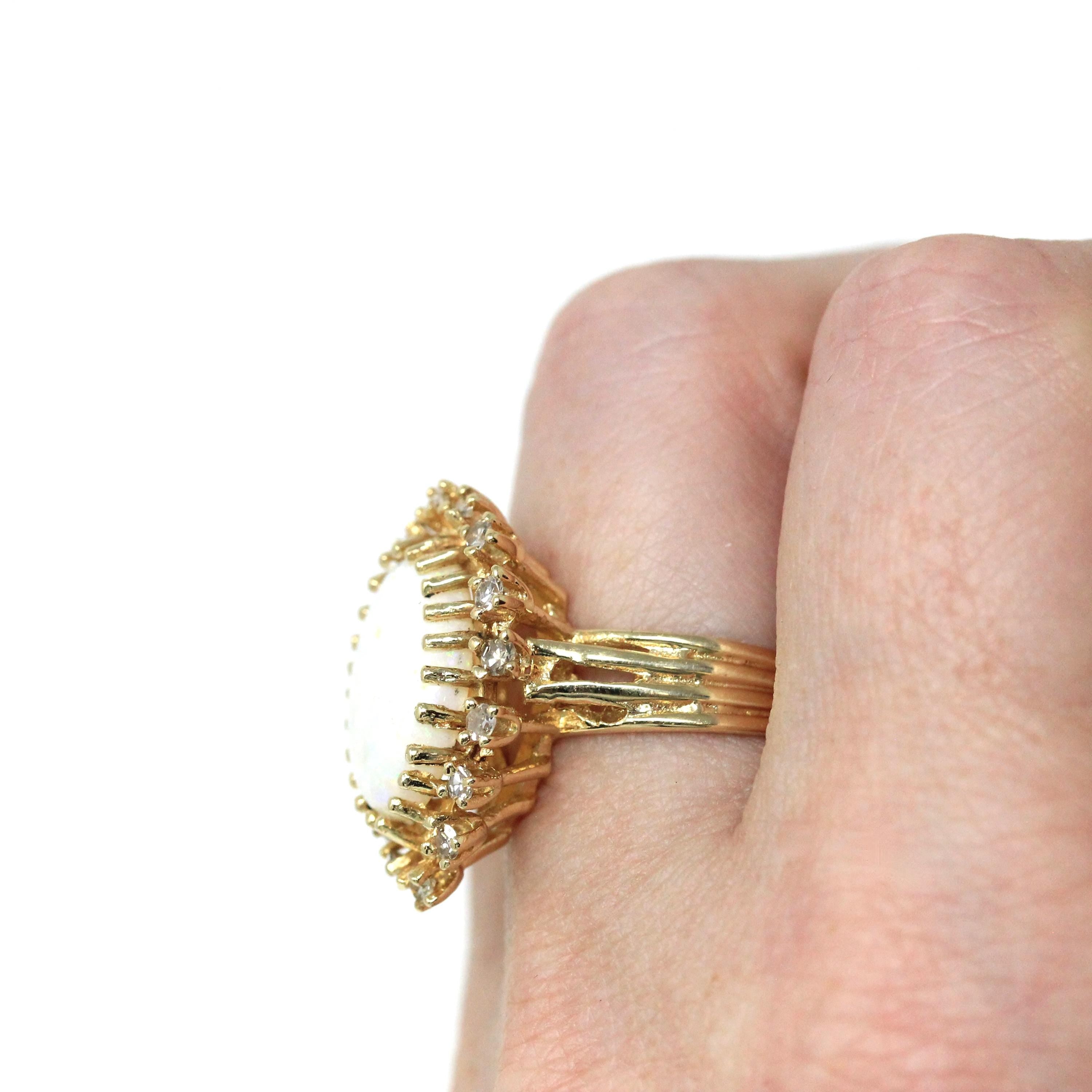 Opal Cocktail Ring - Vintage 14k Yellow Gold Cabochon Cut 3CT Gem - Circa 1970s Size 6 Diamond Halo .40 CTW Accent Retro Era Fine Jewelry