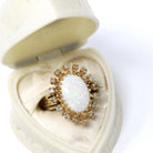 Opal Cocktail Ring - Vintage 14k Yellow Gold Cabochon Cut 3CT Gem - Circa 1970s Size 6 Diamond Halo .40 CTW Accent Retro Era Fine Jewelry