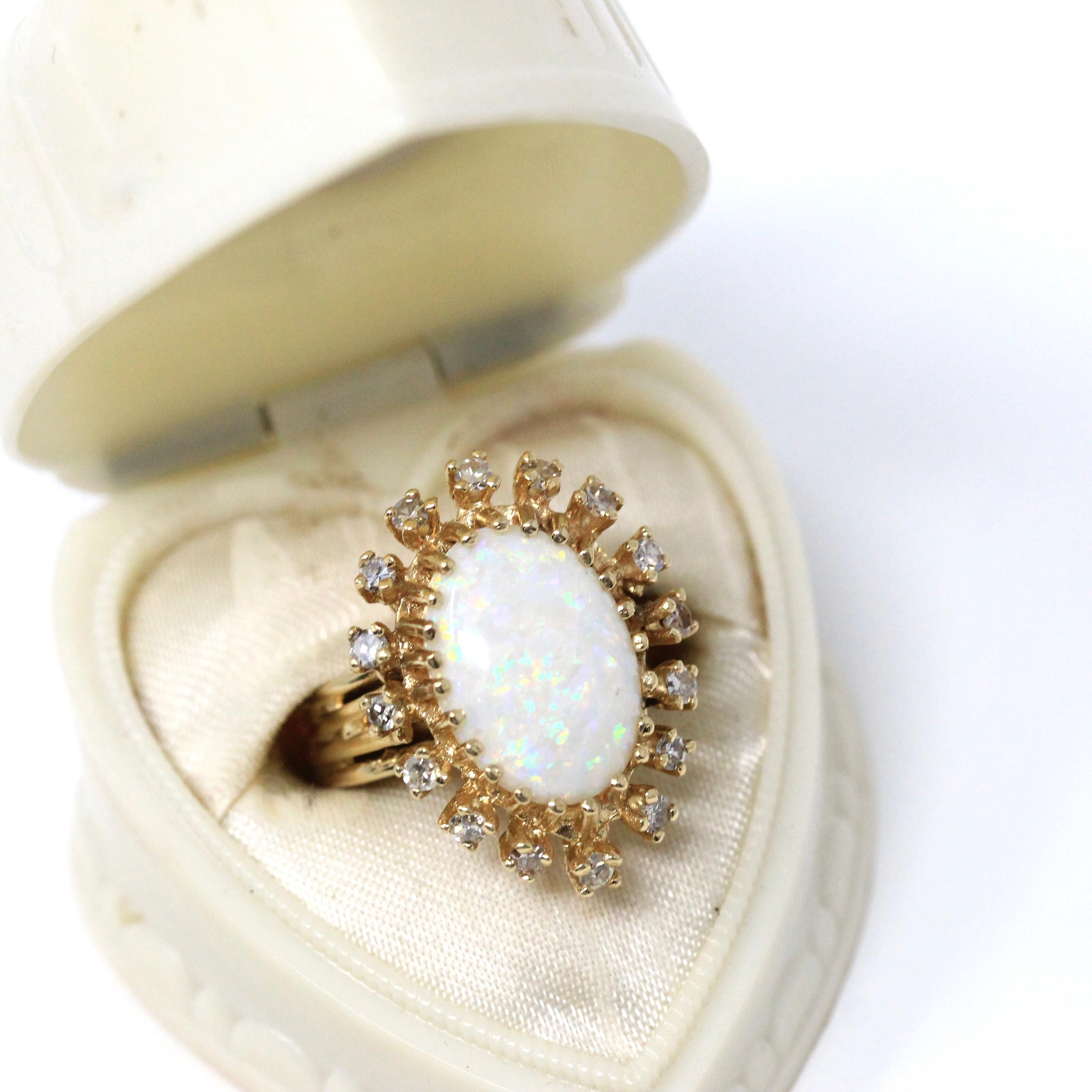 Opal Cocktail Ring - Vintage 14k Yellow Gold Cabochon Cut 3CT Gem - Circa 1970s Size 6 Diamond Halo .40 CTW Accent Retro Era Fine Jewelry