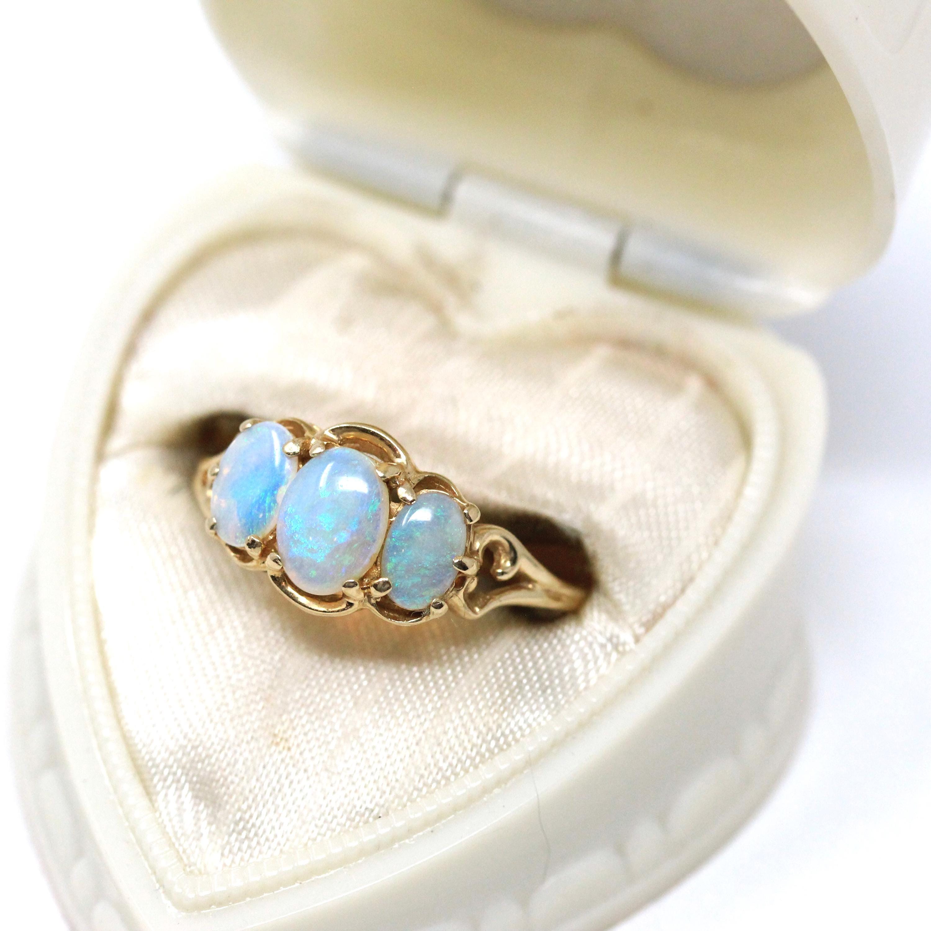 Vintage Opal Ring - Estate 14k Yellow Gold Cabochon Cut Natural Three Gemstones - Modern Era Circa 1990s Size 8 1/2 October Fine 90s Jewelry
