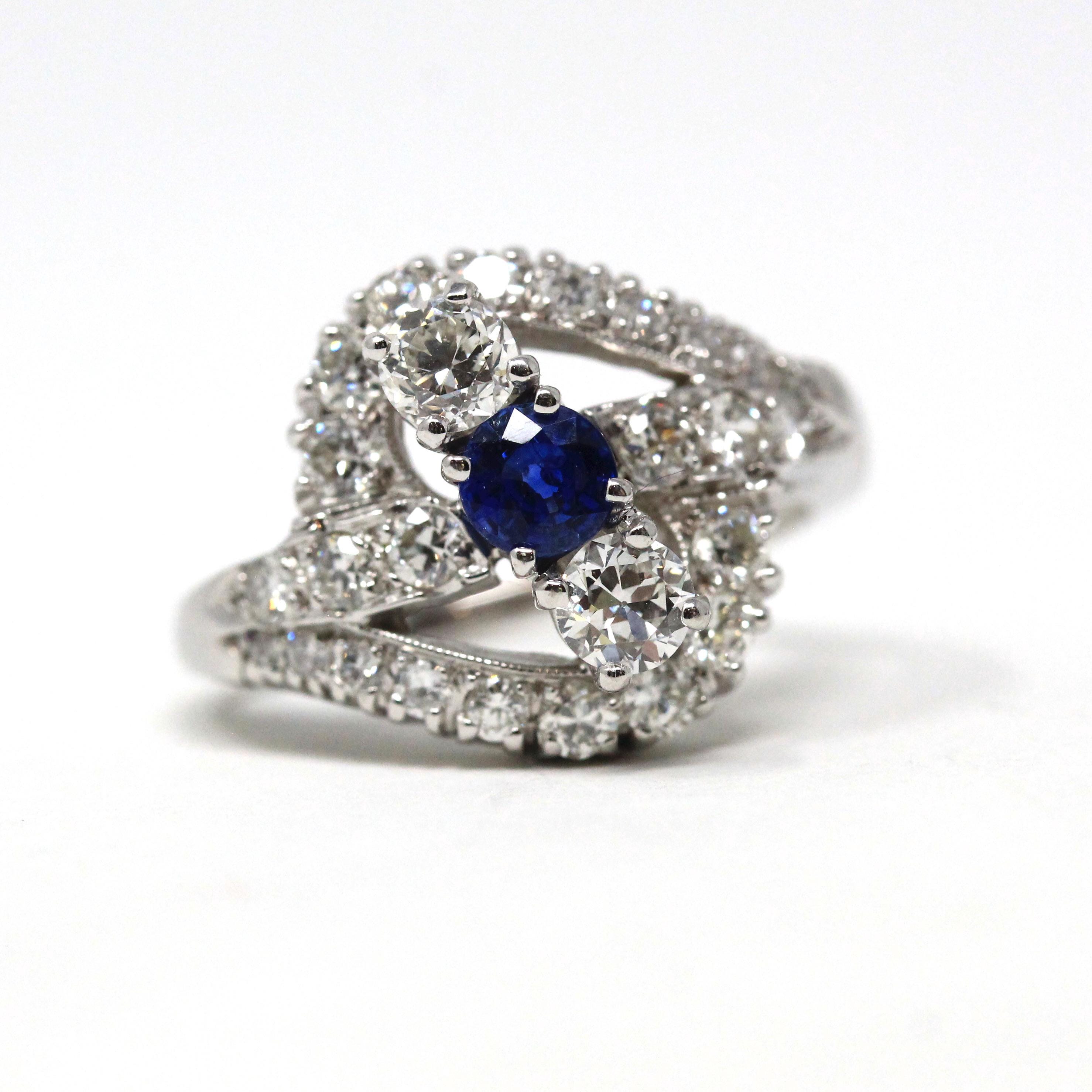 Sapphire & Diamond Ring - Mid Century 14k White Gold Blue Gemstone 1.27 CTW Diamond Cluster Bypass Halo - Circa 1950s Size 6 Fine Jewelry