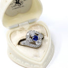 Sapphire & Diamond Ring - Mid Century 14k White Gold Blue Gemstone 1.27 CTW Diamond Cluster Bypass Halo - Circa 1950s Size 6 Fine Jewelry