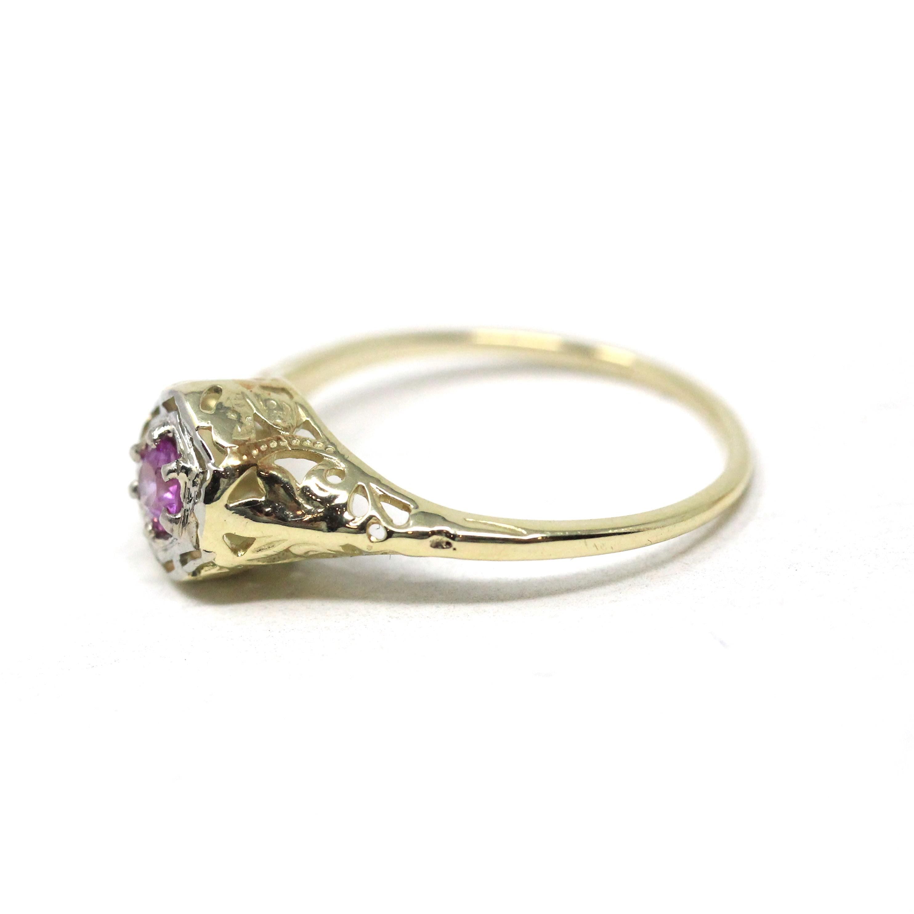 Vintage Pink Sapphire Ring - Art Deco 14k Gold Two Tone Butterfly Filigree Natural Gemstone - Circa 1930s Size 6 1/2 Fine Hexagonal Jewelry