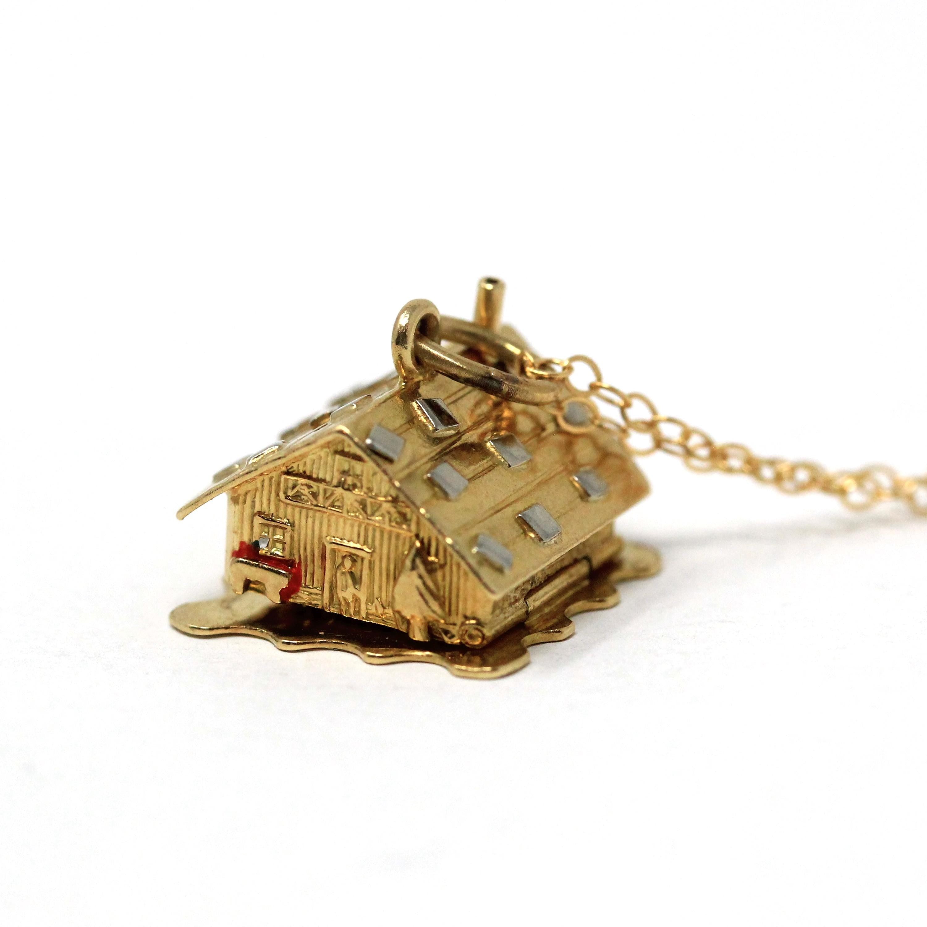 Swiss Chalet Charm - Mid Century 18k Yellow Gold Pendant Quirky Necklace - Vintage Circa 1940s Honeymooners Enamel Mountain Cabin Jewelry