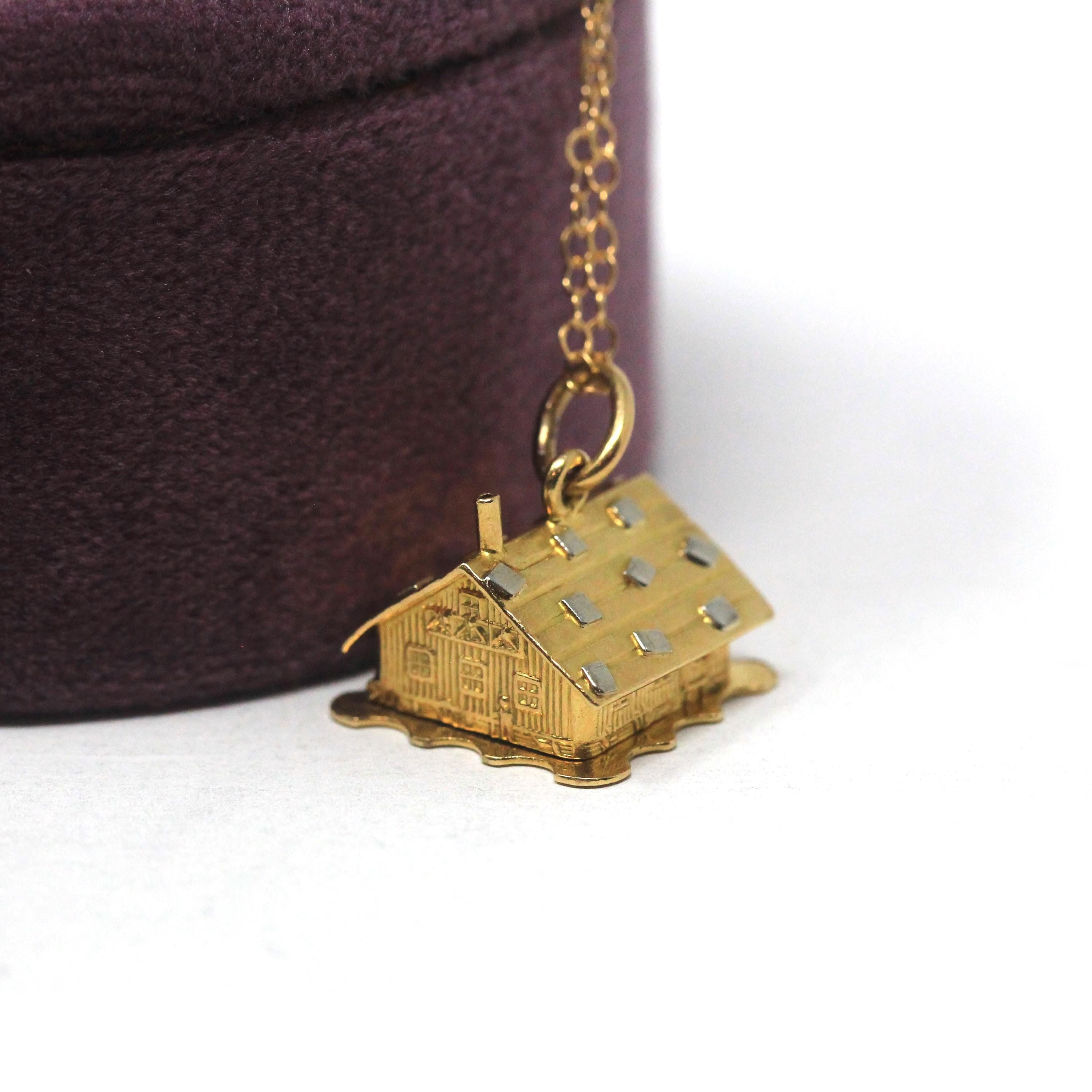 Swiss Chalet Charm - Mid Century 18k Yellow Gold Pendant Quirky Necklace - Vintage Circa 1940s Honeymooners Enamel Mountain Cabin Jewelry