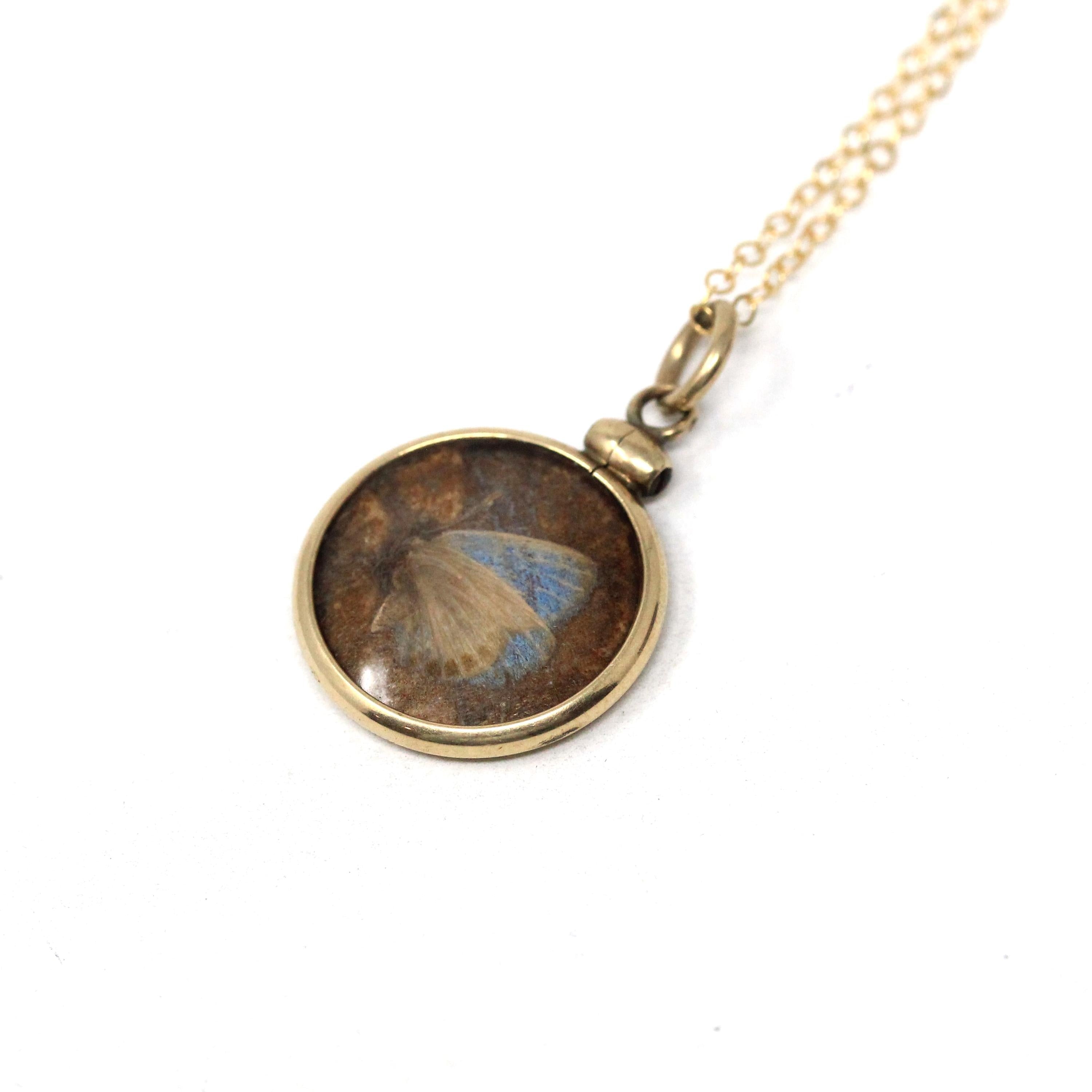 Butterfly Fob Necklace - Edwardian 12k Yellow Gold Fill Double Sided Moth Wing Nature Pendant - Antique Circa 1910s Pressed Insect Jewelry