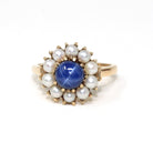 Retro Halo Ring - Vintage 10k Yellow Gold Created Blue Star Sapphire Pearl Flower Cluster - Circa 1960s Era Size 8 1/2 Daisy Fine Jewelry