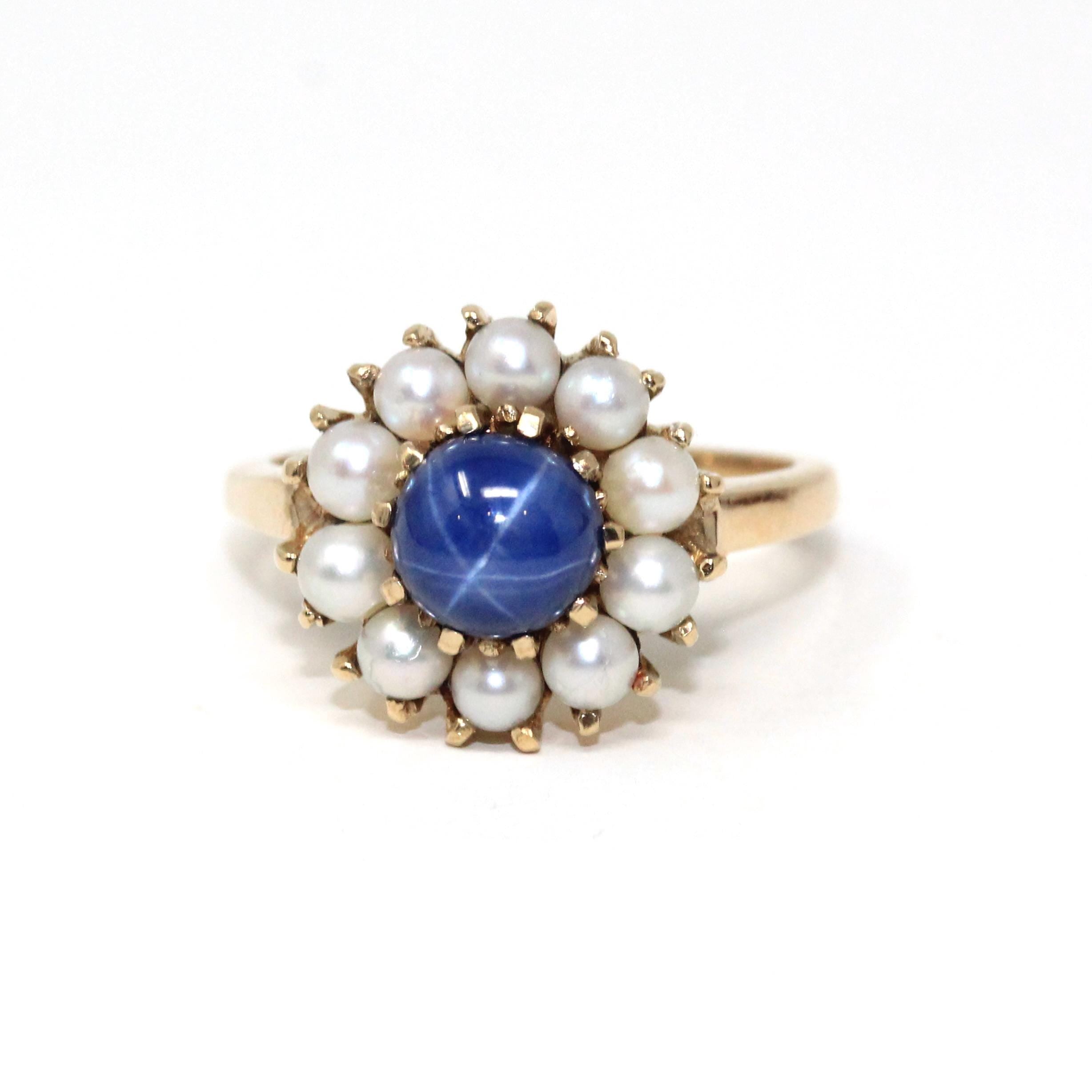 Retro Halo Ring - Vintage 10k Yellow Gold Created Blue Star Sapphire Pearl Flower Cluster - Circa 1960s Era Size 8 1/2 Daisy Fine Jewelry