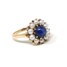 Retro Halo Ring - Vintage 10k Yellow Gold Created Blue Star Sapphire Pearl Flower Cluster - Circa 1960s Era Size 8 1/2 Daisy Fine Jewelry