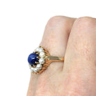Retro Halo Ring - Vintage 10k Yellow Gold Created Blue Star Sapphire Pearl Flower Cluster - Circa 1960s Era Size 8 1/2 Daisy Fine Jewelry