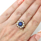Retro Halo Ring - Vintage 10k Yellow Gold Created Blue Star Sapphire Pearl Flower Cluster - Circa 1960s Era Size 8 1/2 Daisy Fine Jewelry