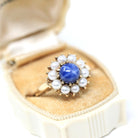Retro Halo Ring - Vintage 10k Yellow Gold Created Blue Star Sapphire Pearl Flower Cluster - Circa 1960s Era Size 8 1/2 Daisy Fine Jewelry