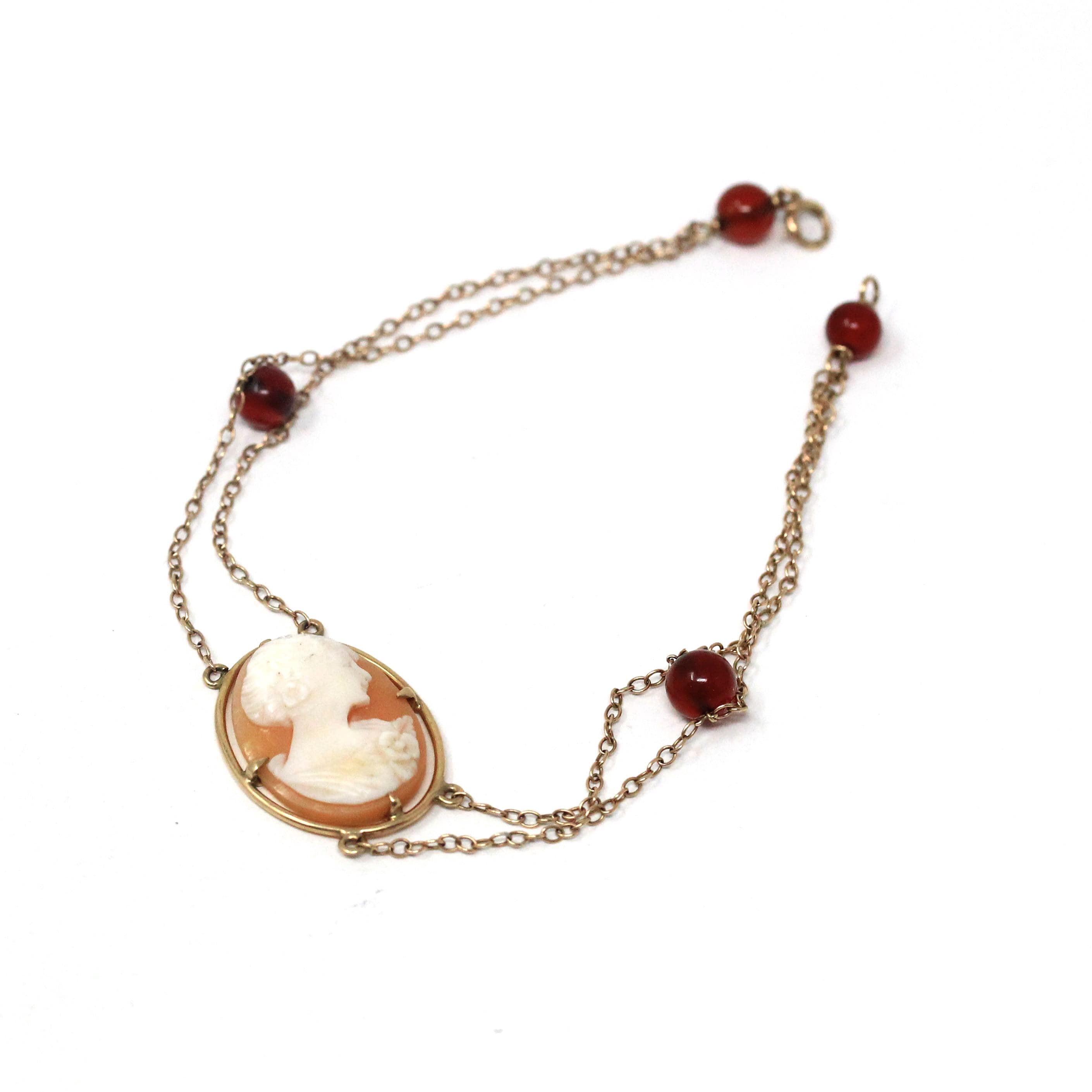 Vintage Cameo Bracelet - Mid Century 10k Yellow Gold Carved Shell Portrait & Red Carnelian Accents - Circa 1940s Era Fine Statement Jewelry