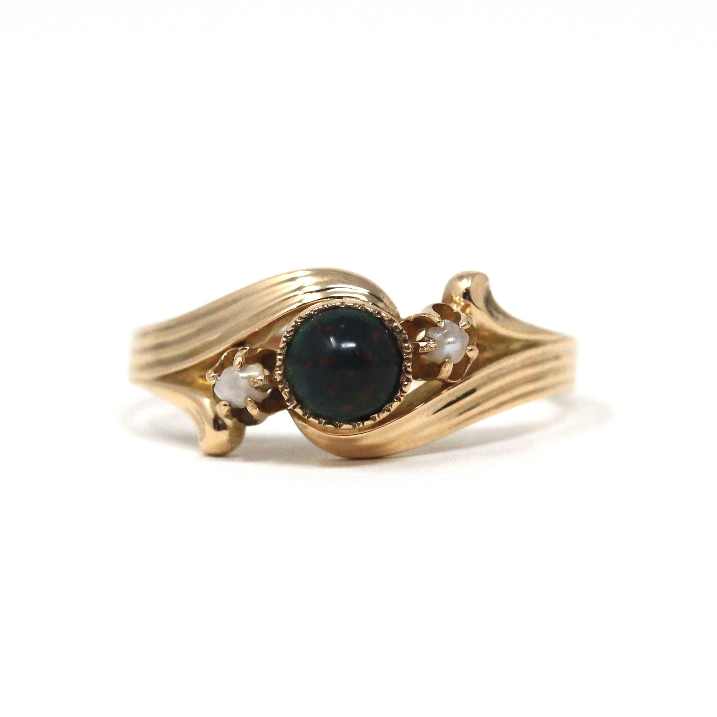 Antique Bloodstone Ring - Victorian 10k Rosy Yellow Gold 3 Stone Seed Pearl Accent Gems - Circa 1890s Size 7 1/4 Bypass Style Fine Jewelry
