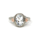 Vintage Aquamarine Ring - Art Deco 14k White & Rose Gold Oval Blue Beryl Gem Bezel Solitaire - Circa 1930s Size 3.25 Flower Fine Jewelry