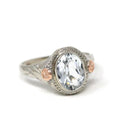 Vintage Aquamarine Ring - Art Deco 14k White & Rose Gold Oval Blue Beryl Gem Bezel Solitaire - Circa 1930s Size 3.25 Flower Fine Jewelry