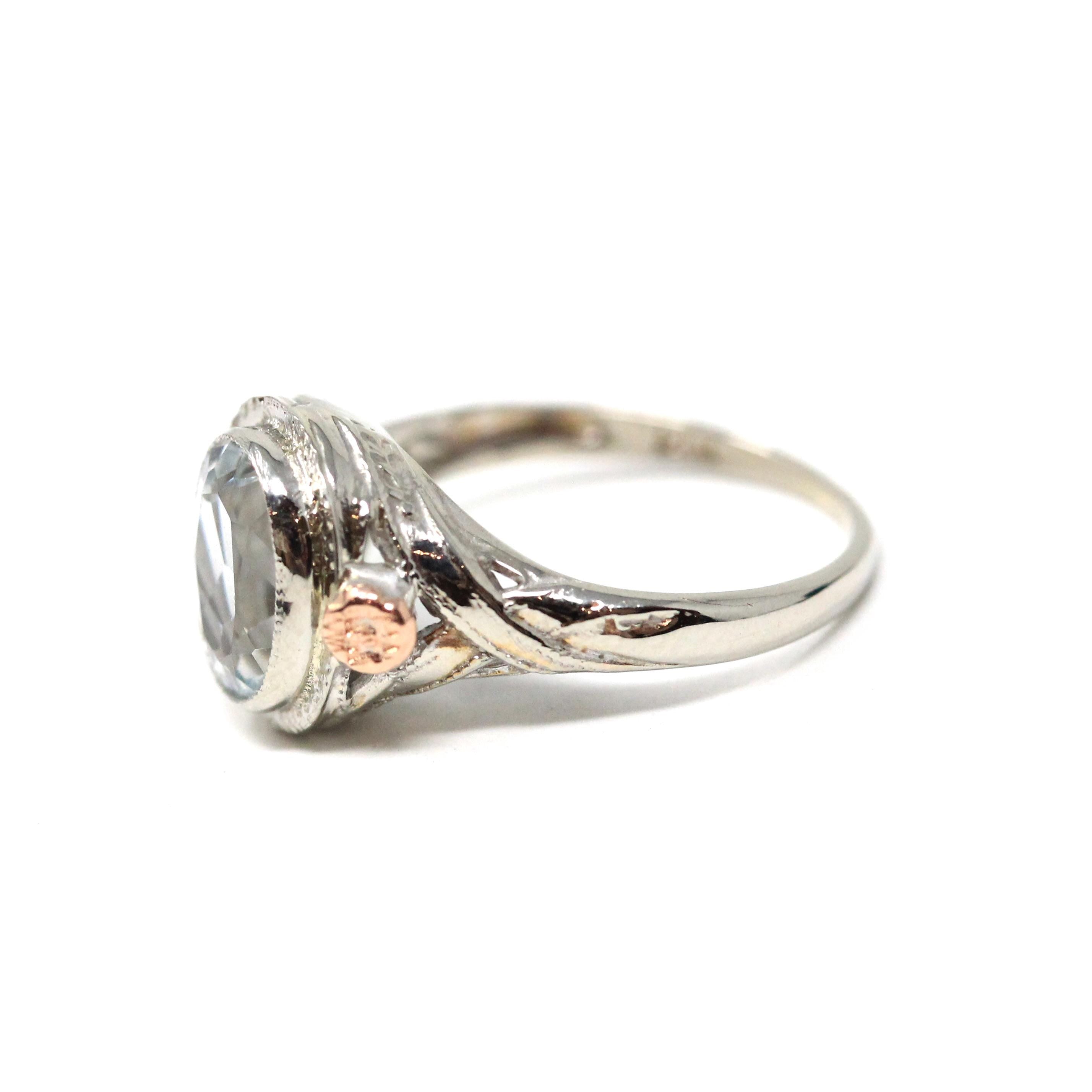 Vintage Aquamarine Ring - Art Deco 14k White & Rose Gold Oval Blue Beryl Gem Bezel Solitaire - Circa 1930s Size 3.25 Flower Fine Jewelry