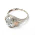Vintage Aquamarine Ring - Art Deco 14k White & Rose Gold Oval Blue Beryl Gem Bezel Solitaire - Circa 1930s Size 3.25 Flower Fine Jewelry