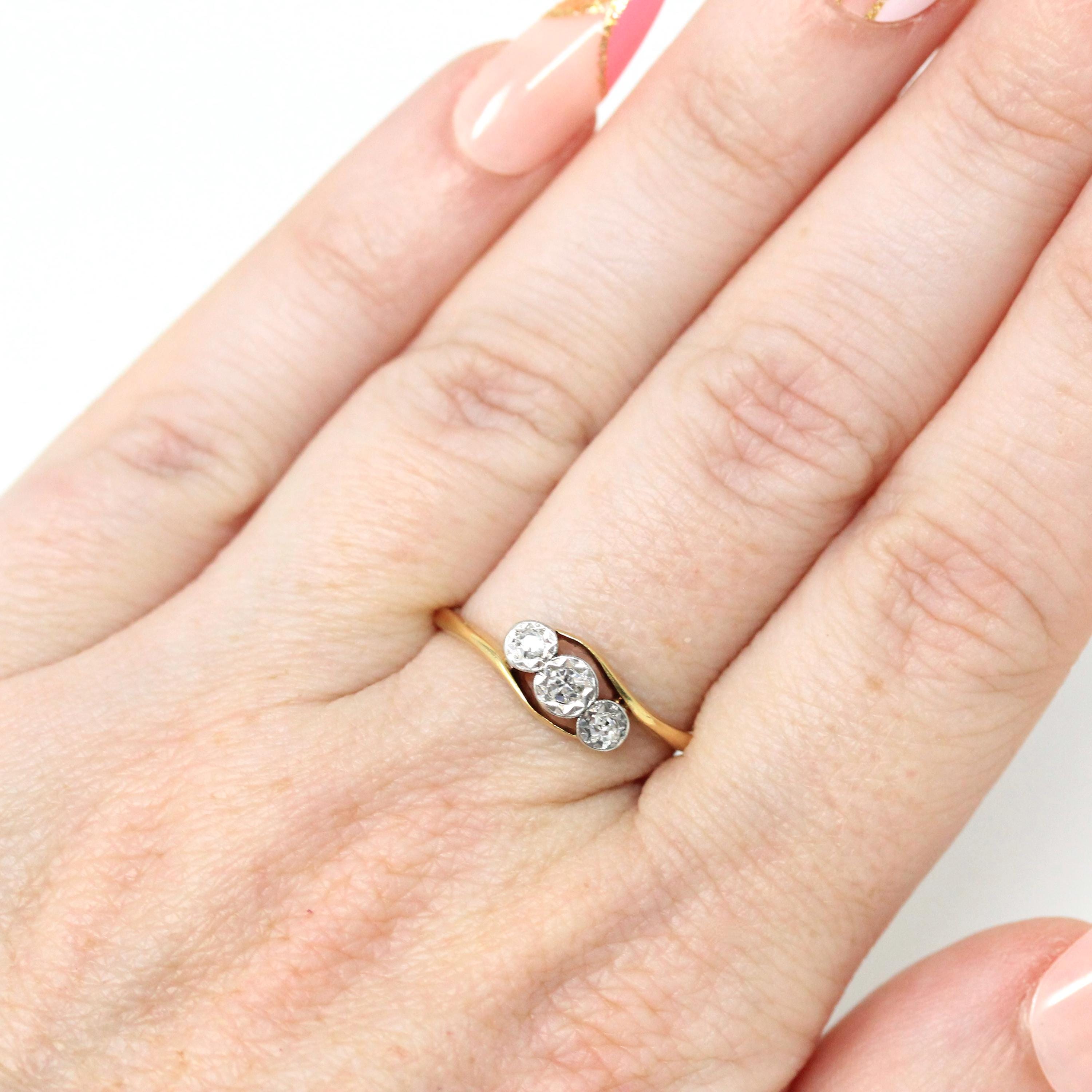 Three Stone Ring - MidCentury 18k Yellow Gold & Platinum Diamond Bypass - Vintage Circa 1940s Era Size 7 Engagement Anniversary Fine Jewelry