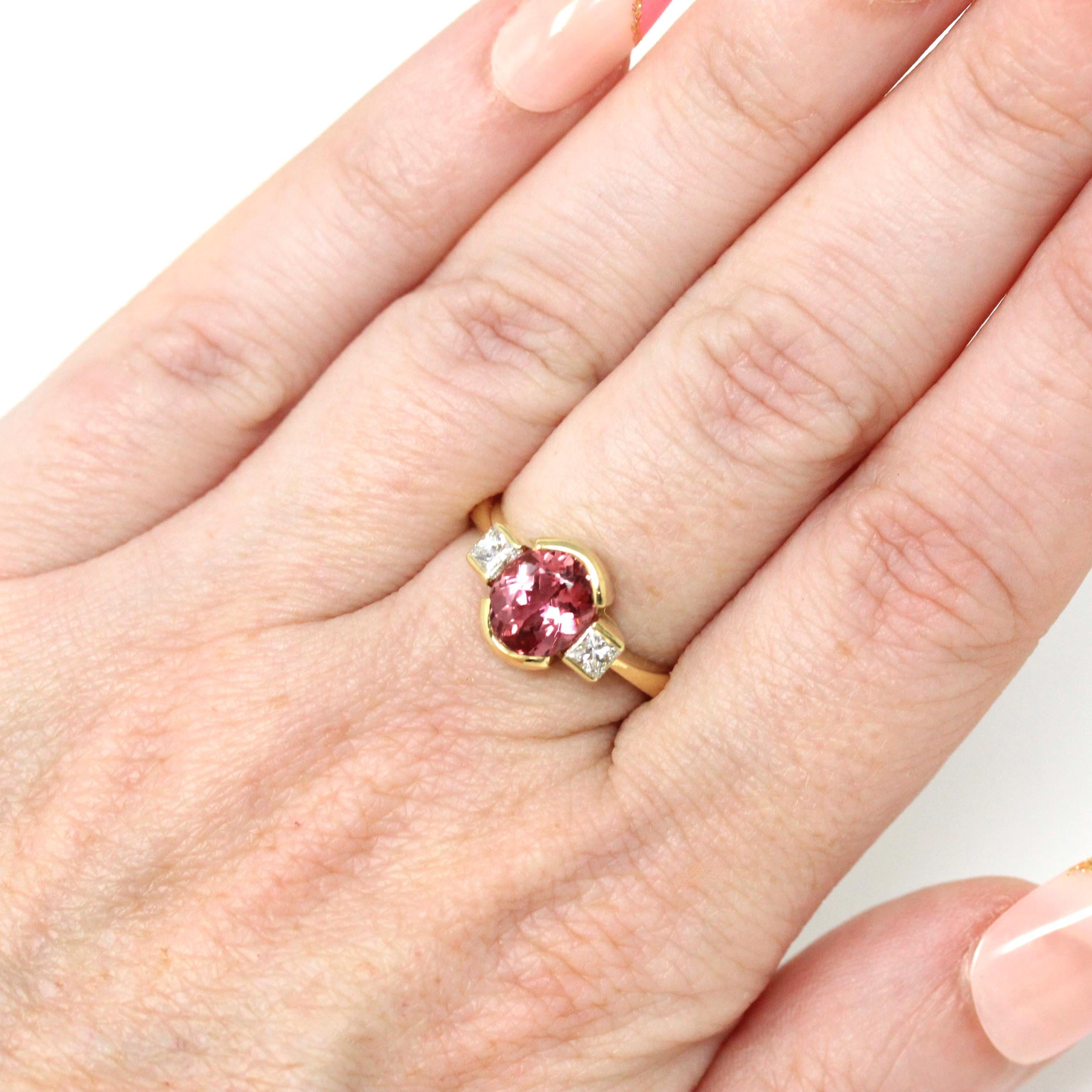 Natural Pink Topaz Ring - Estate 18k Yellow Gold Three Stone .28 CTW Accented Half Bezel Ring - Modern Circa 2000s Era Size 6 Fine Jewelry
