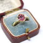 Natural Pink Topaz Ring - Estate 18k Yellow Gold Three Stone .28 CTW Accented Half Bezel Ring - Modern Circa 2000s Era Size 6 Fine Jewelry