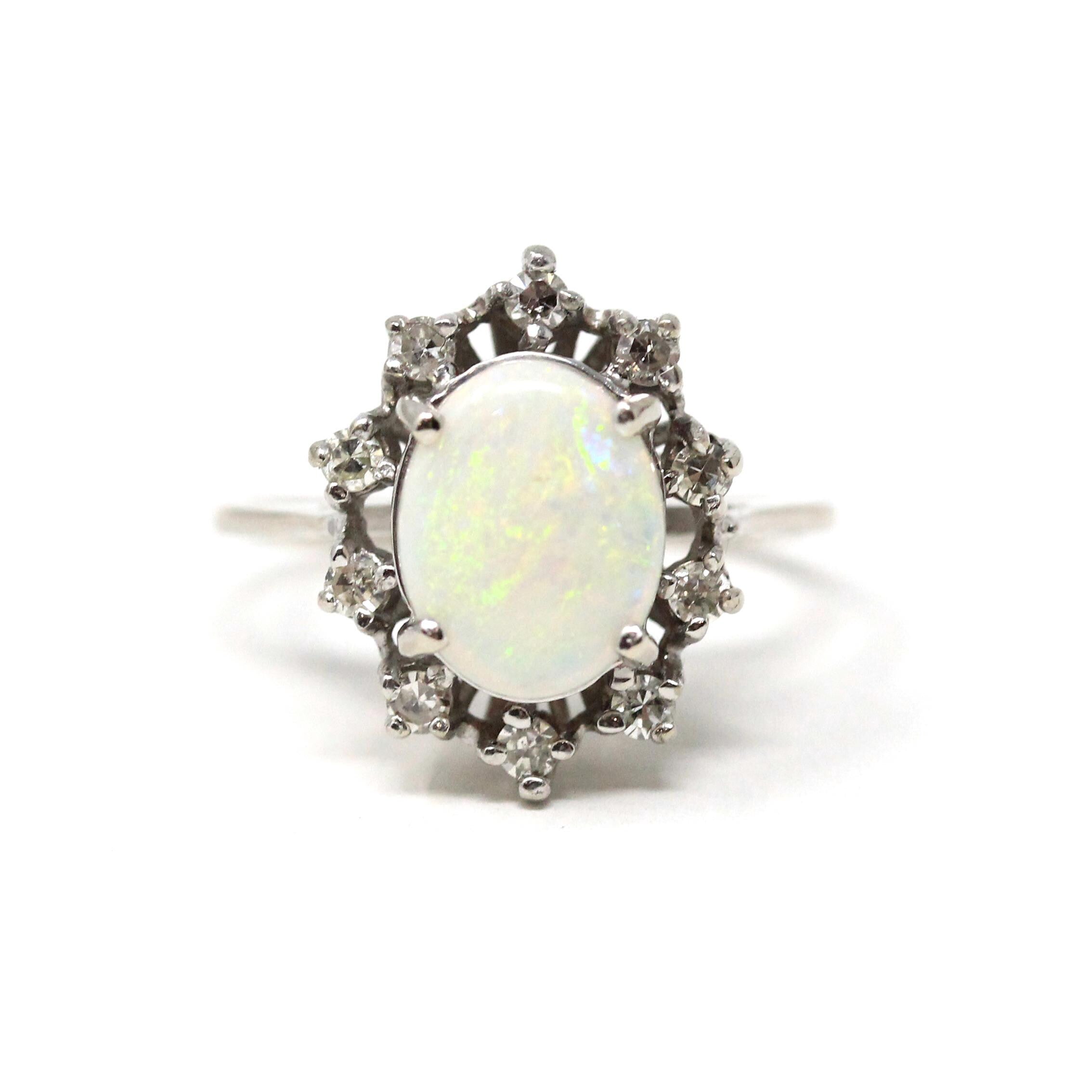 Opal & Diamond Halo Ring - Modern Era 10k White Gold Oval Natural Gemstones - Estate Circa 1980s Size 6 3/4 Cluster Romany Fine 80s Jewelry