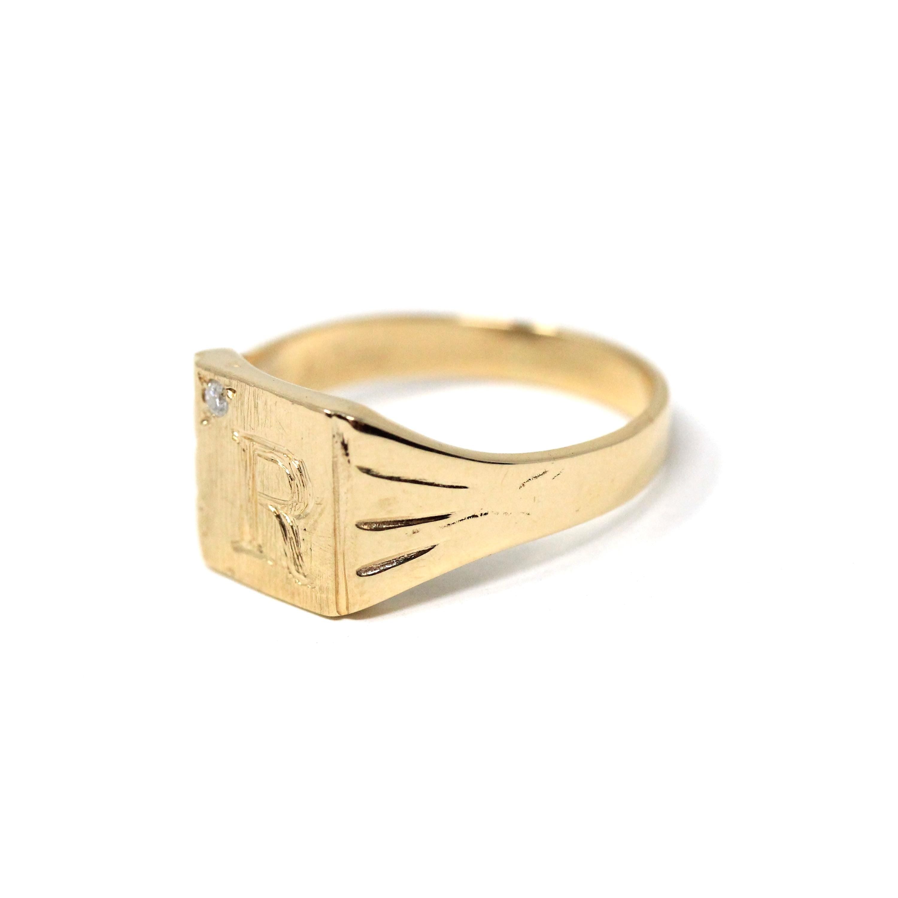 Diamond "R" Signet Ring - Mid Century 14k Yellow Gold Engraved Letter Initial .01 CT Accent - Vintage Circa 1950s Era Size 4.25 Fine Jewelry