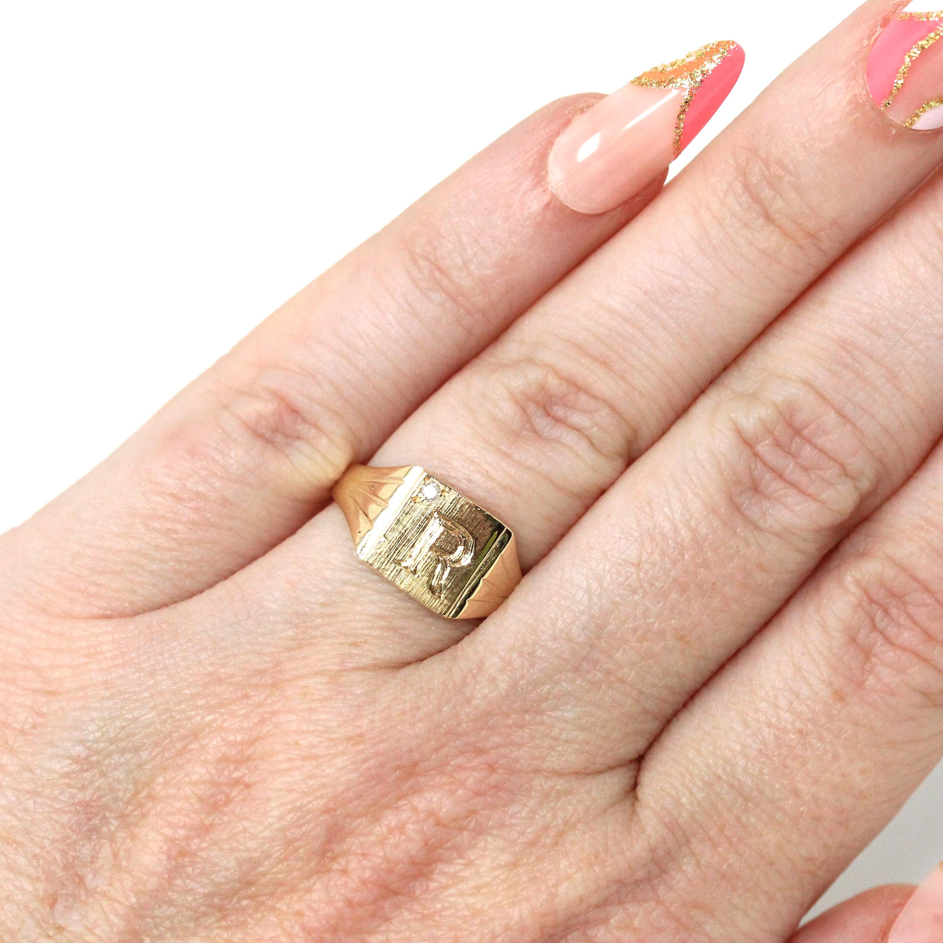 Diamond "R" Signet Ring - Mid Century 14k Yellow Gold Engraved Letter Initial .01 CT Accent - Vintage Circa 1950s Era Size 4.25 Fine Jewelry