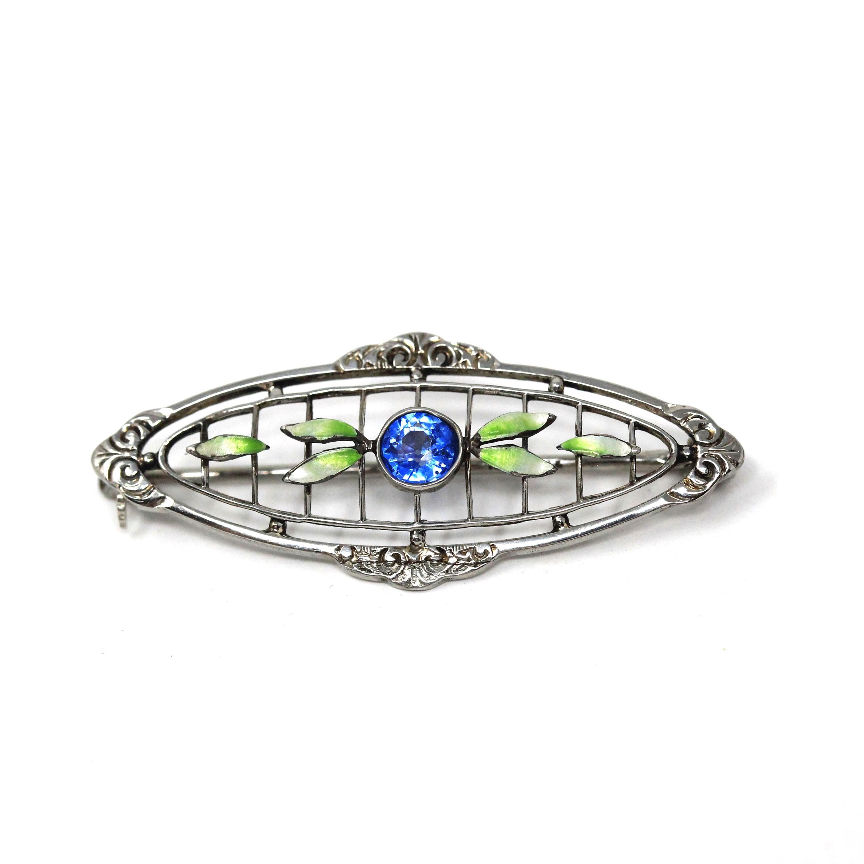 Art Deco Brooch - Antique Silver Tone Blue Garnet Glass Doublet & Green Enamel Pin - Circa 1920s Era Leaf Motif Fashion Accessory Jewelry