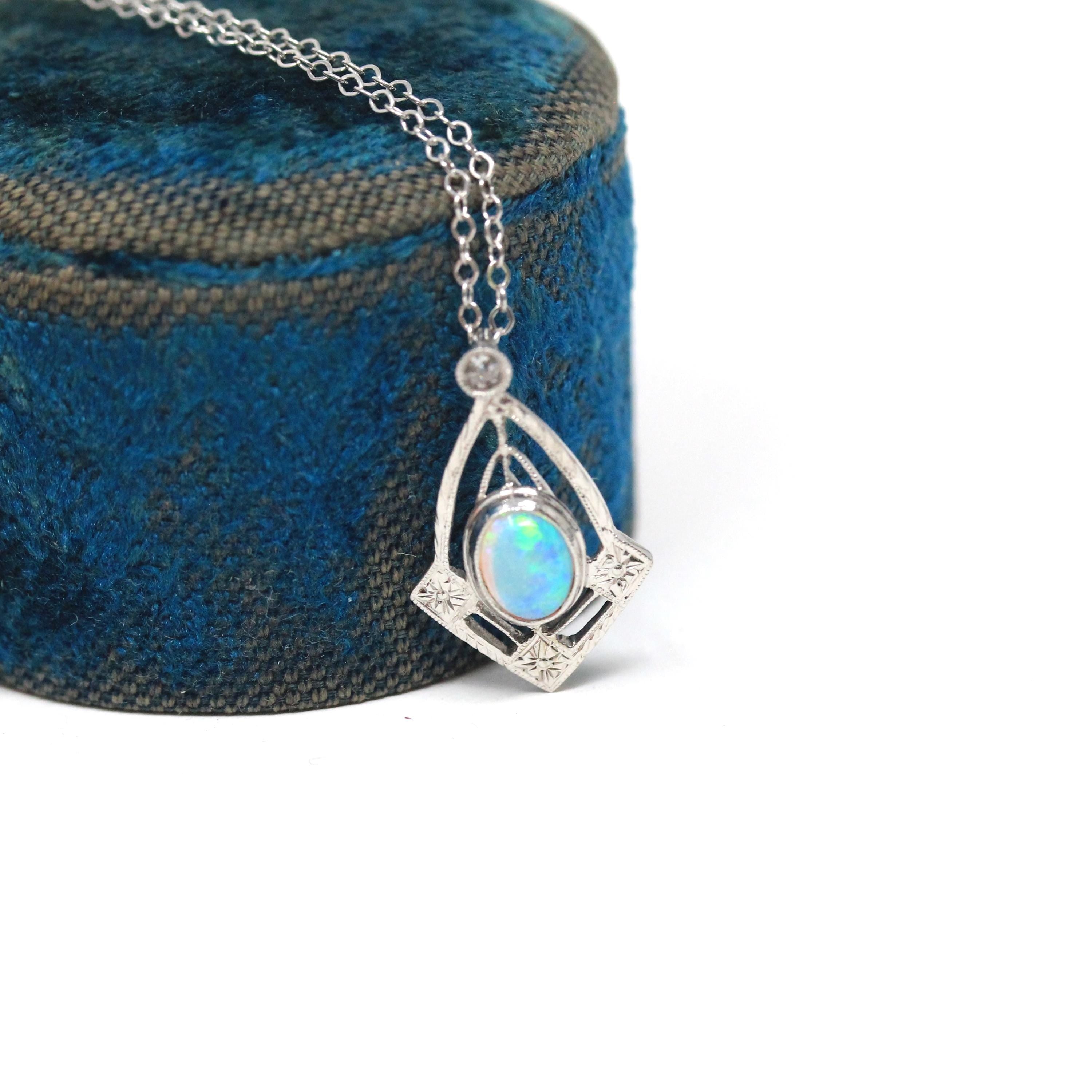 Art Deco Charm - Vintage 14k White Gold Natural Opal Diamond Pendant Necklace - Circa 1930s Era Stick Pin Conversion Fine Statement Jewelry
