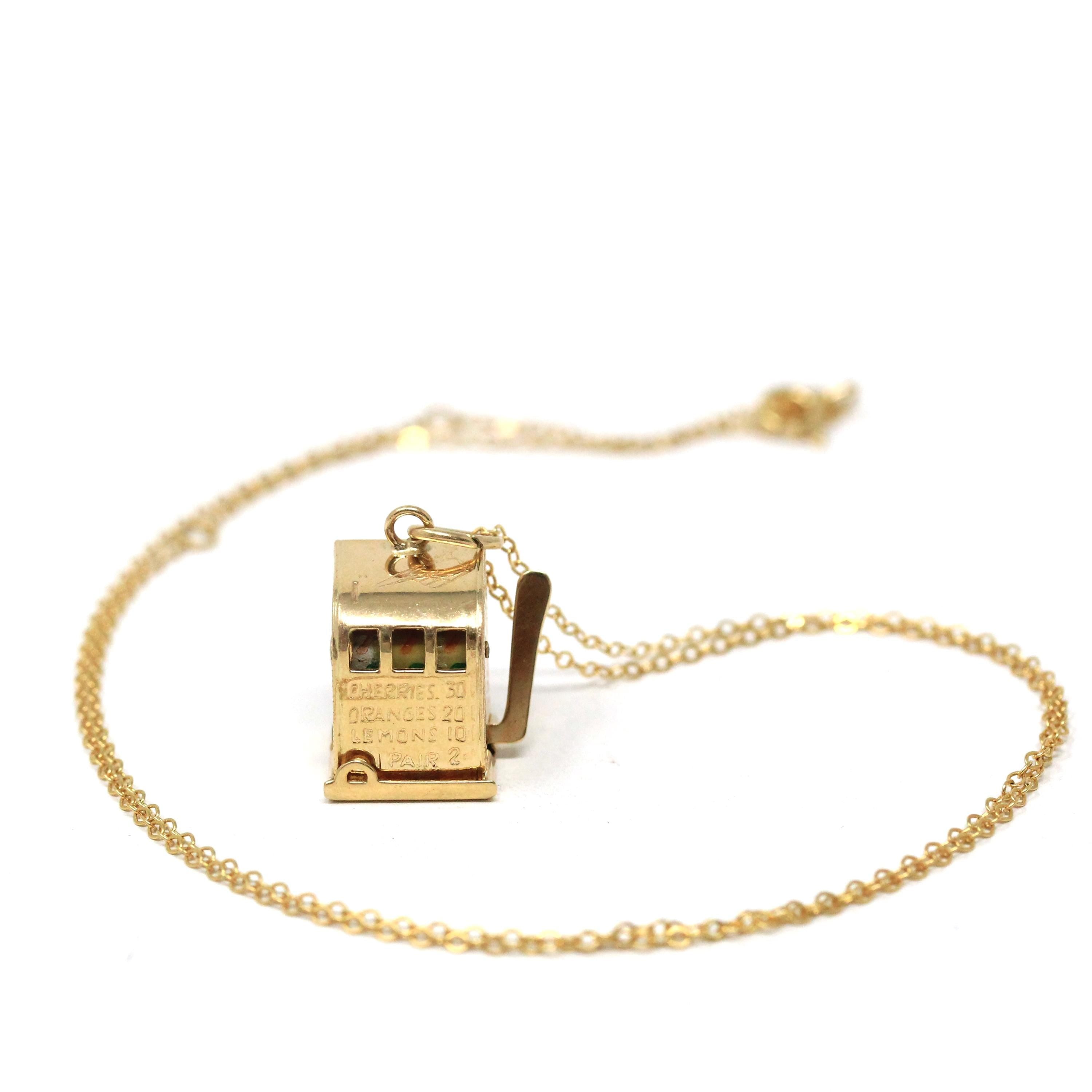 Vintage Slot Machine Charm - Retro 14k Yellow Gold Moveable 3-D Pendant Necklace - Circa 1960s Fruit Gambling Figural Betting Fine Jewelry