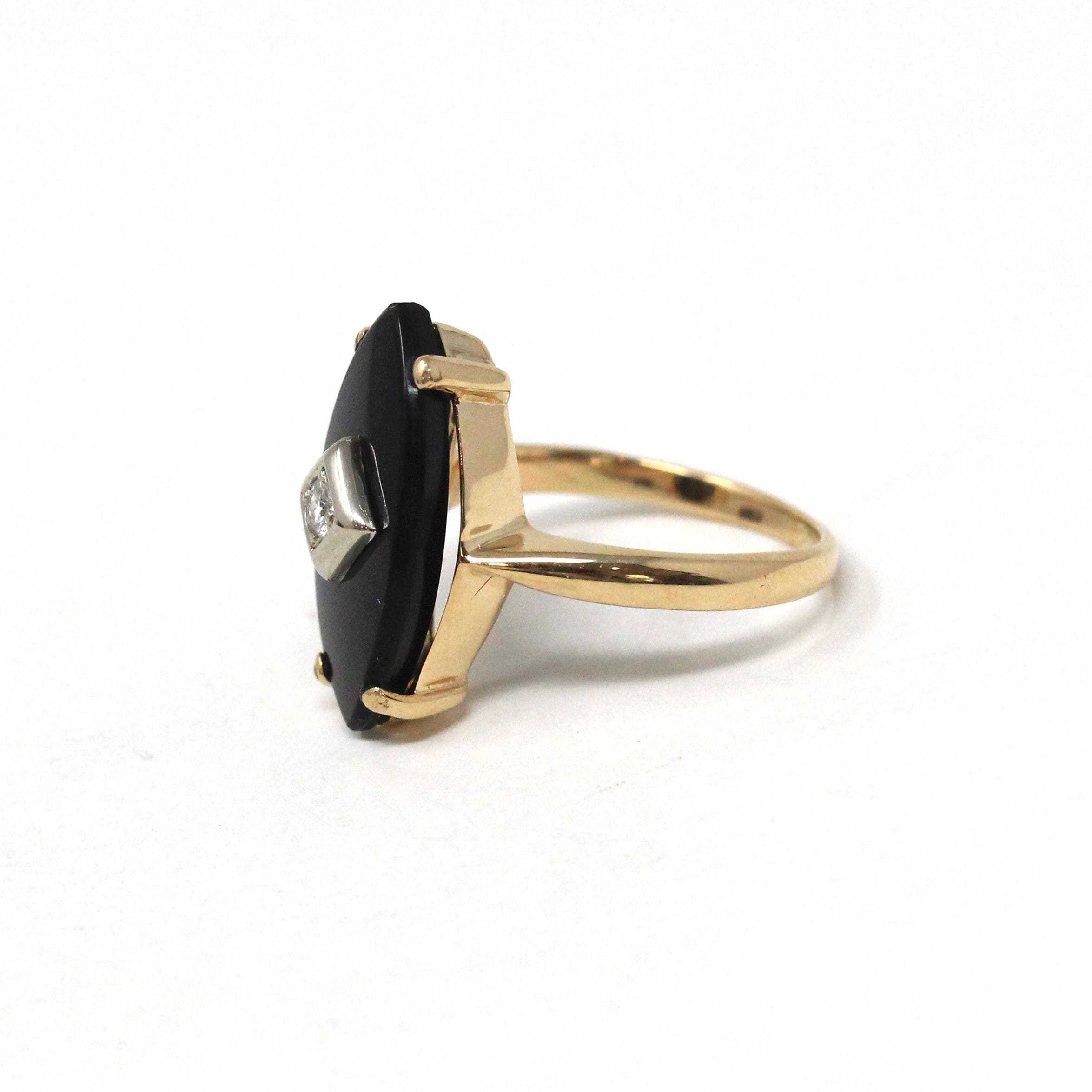 Vintage Onyx Ring - Retro 14k Yellow Gold Navette Marquise Black Chalcedony Gemstone - Circa 1960s Size 4 1/4 Natural Diamond Fine Jewelry