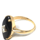 Vintage Onyx Ring - Retro 14k Yellow Gold Navette Marquise Black Chalcedony Gemstone - Circa 1960s Size 4 1/4 Natural Diamond Fine Jewelry