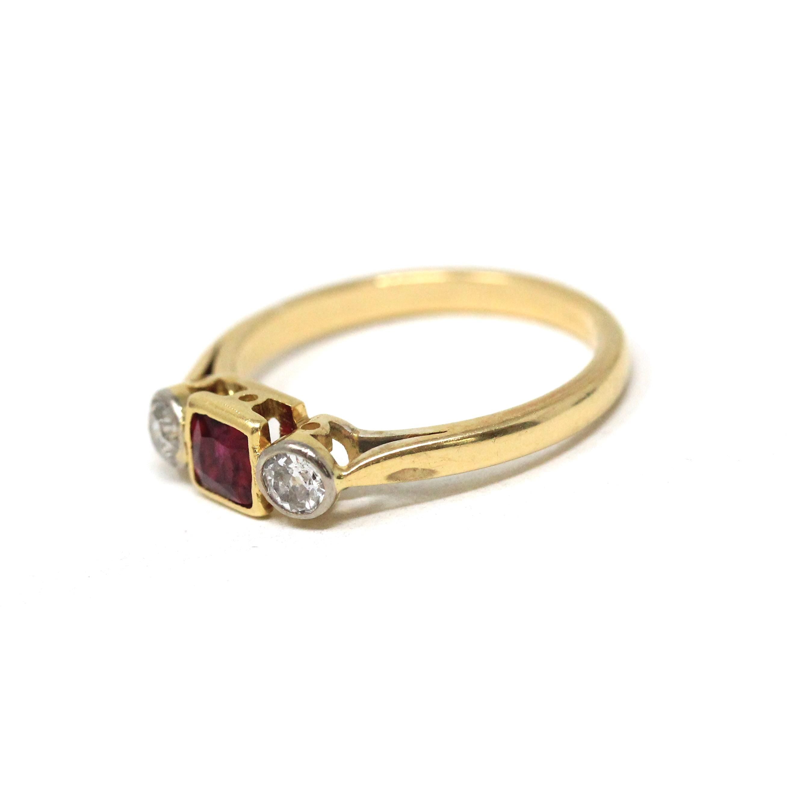 Antique Ruby & Diamond Ring - Art Deco Era 18k Gold Natural Gemstones Three Stone Band - Vintage Circa 1920s Size 4 3/4 Red Fine 20s Jewelry