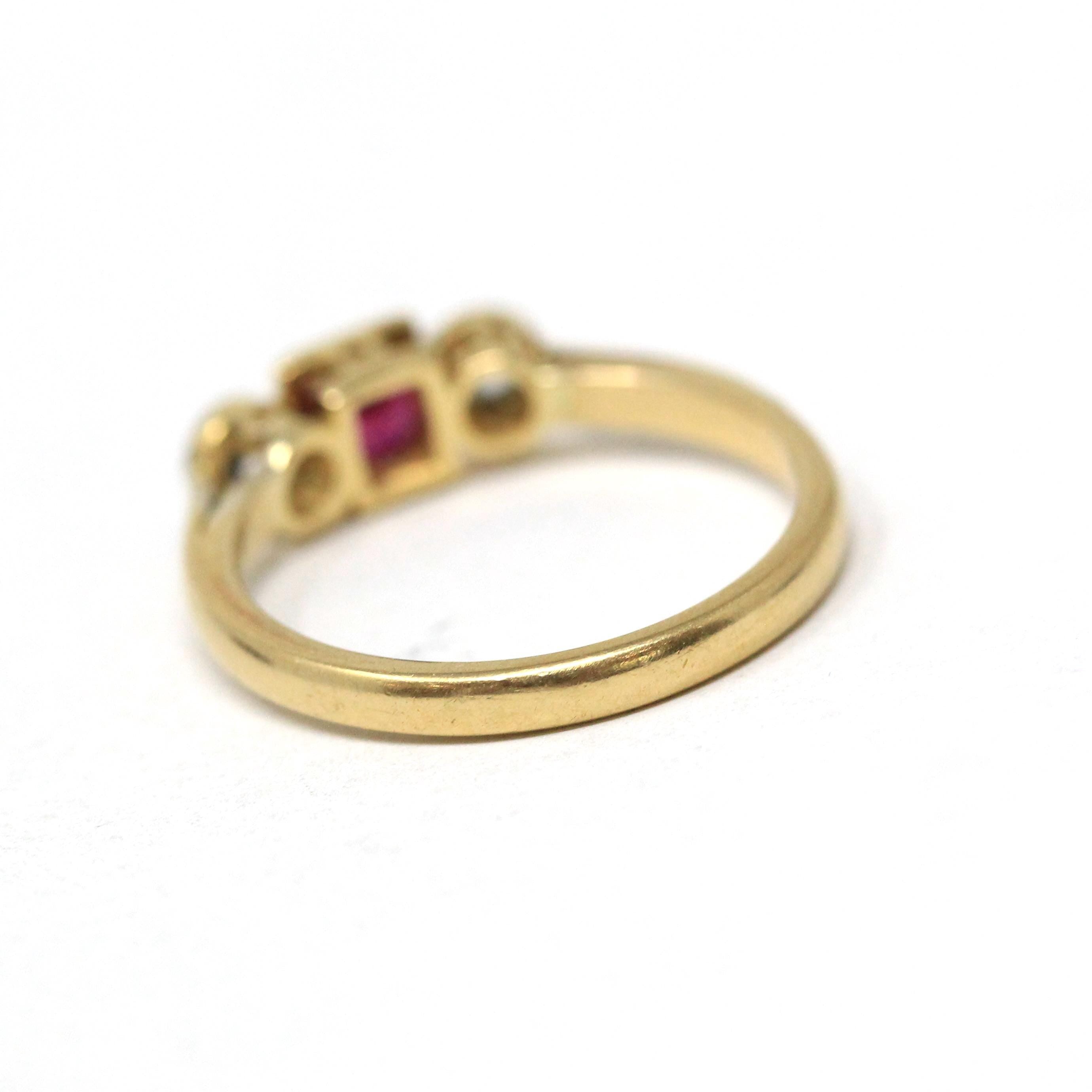 Antique Ruby & Diamond Ring - Art Deco Era 18k Gold Natural Gemstones Three Stone Band - Vintage Circa 1920s Size 4 3/4 Red Fine 20s Jewelry
