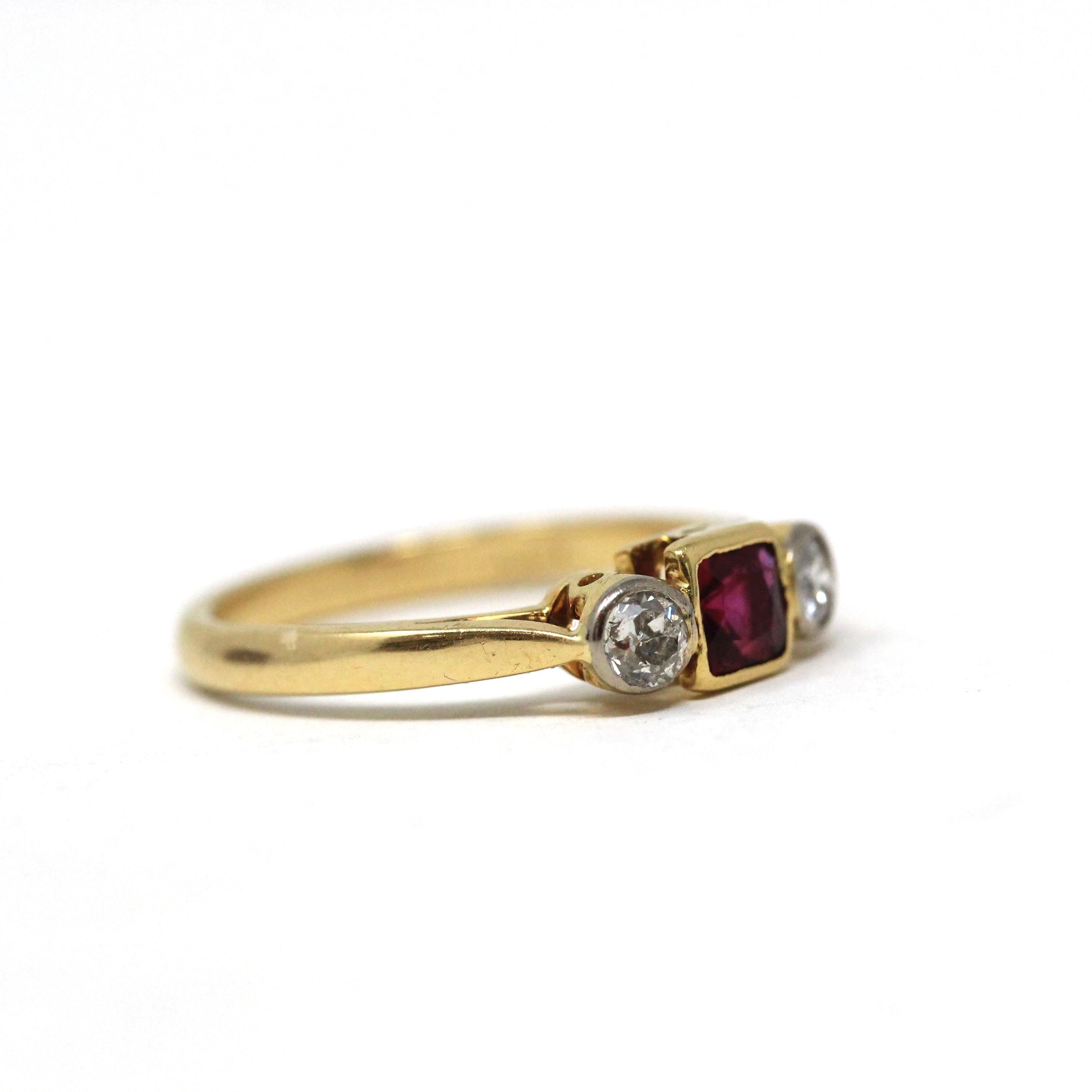 Antique Ruby & Diamond Ring - Art Deco Era 18k Gold Natural Gemstones Three Stone Band - Vintage Circa 1920s Size 4 3/4 Red Fine 20s Jewelry