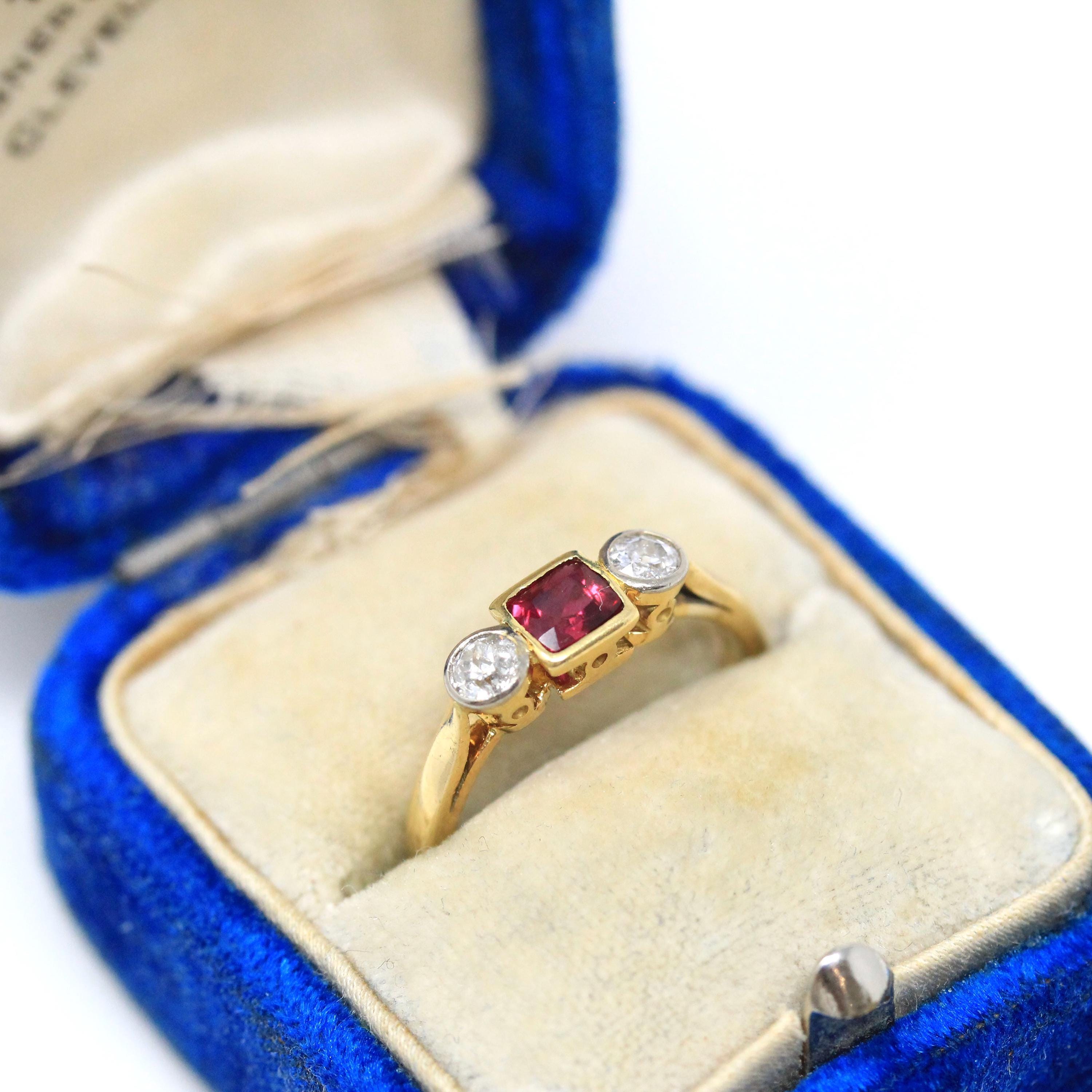 Antique Ruby & Diamond Ring - Art Deco Era 18k Gold Natural Gemstones Three Stone Band - Vintage Circa 1920s Size 4 3/4 Red Fine 20s Jewelry