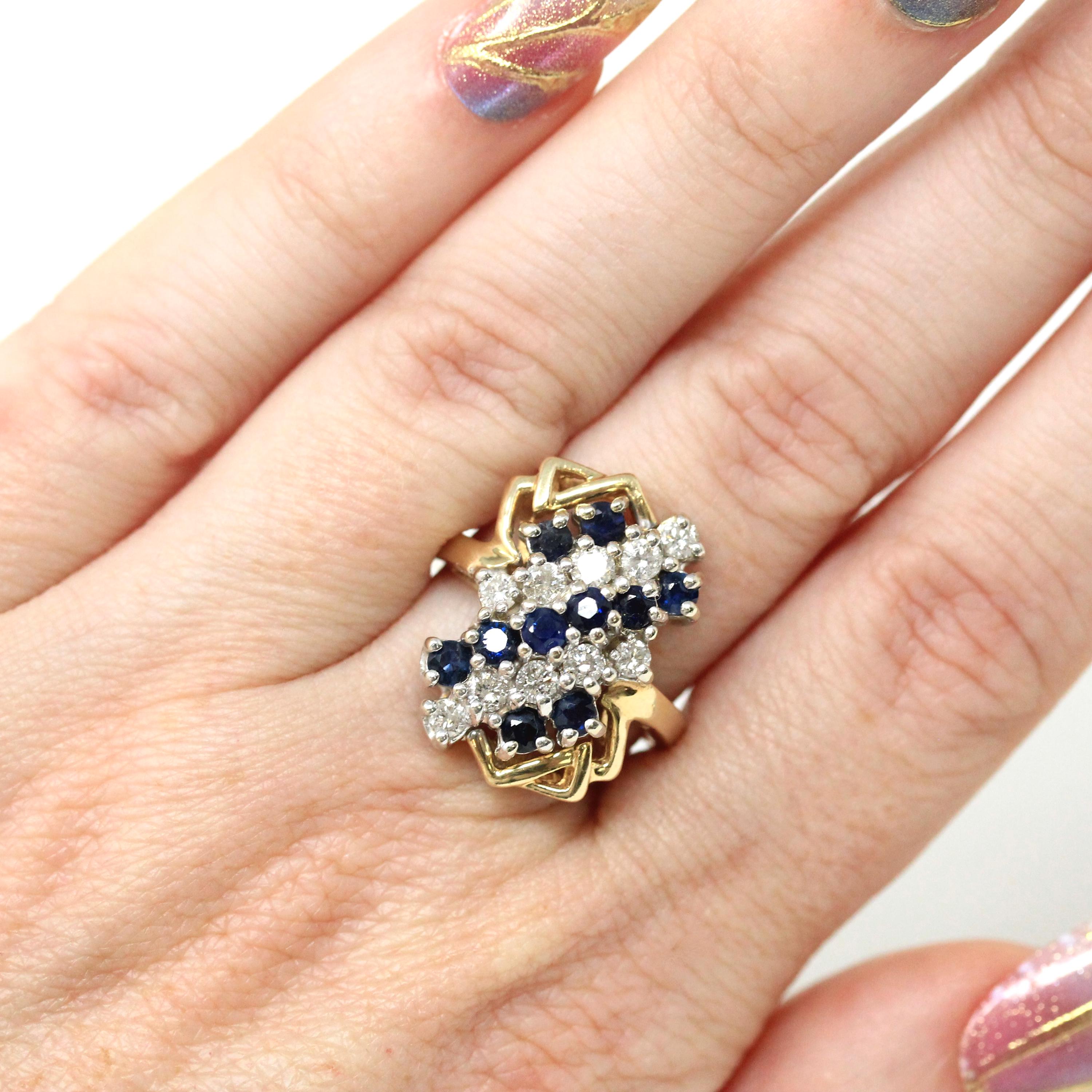 Sapphire & Diamond Ring - Estate 14k Yellow Gold Cluster Natural Gemstones - Modern Circa 1980s Era Size 6 3/4 Anniversary Fine 80s Jewelry