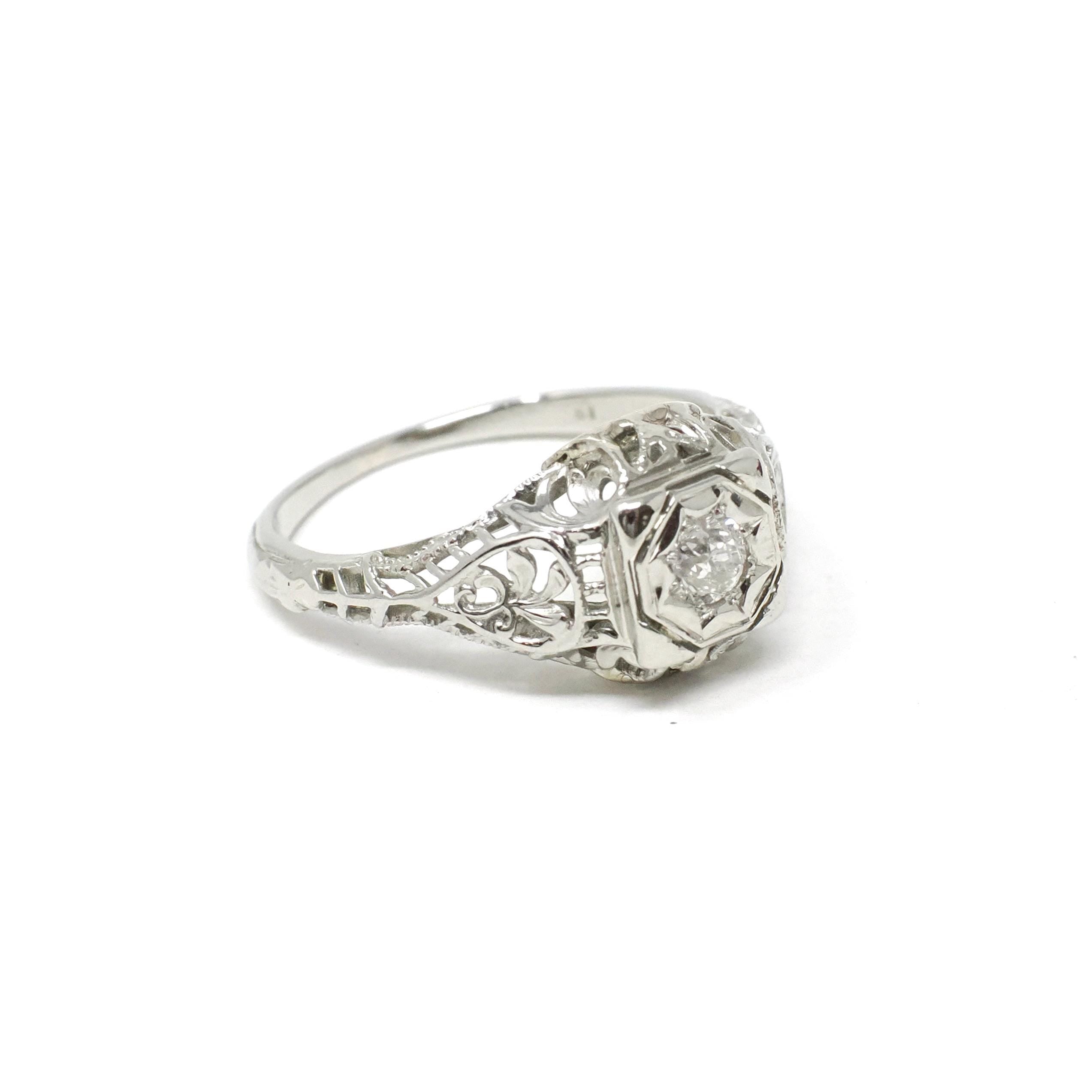 Vintage Diamond Ring - Art Deco 18k White Gold Natural Square Solitaire Engagement - Circa 1930s Era Size 4 3/4 Filigree Star Fine Jewelry