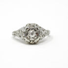 Vintage Diamond Ring - Art Deco 18k White Gold Natural Square Solitaire Engagement - Circa 1930s Era Size 4 3/4 Filigree Star Fine Jewelry