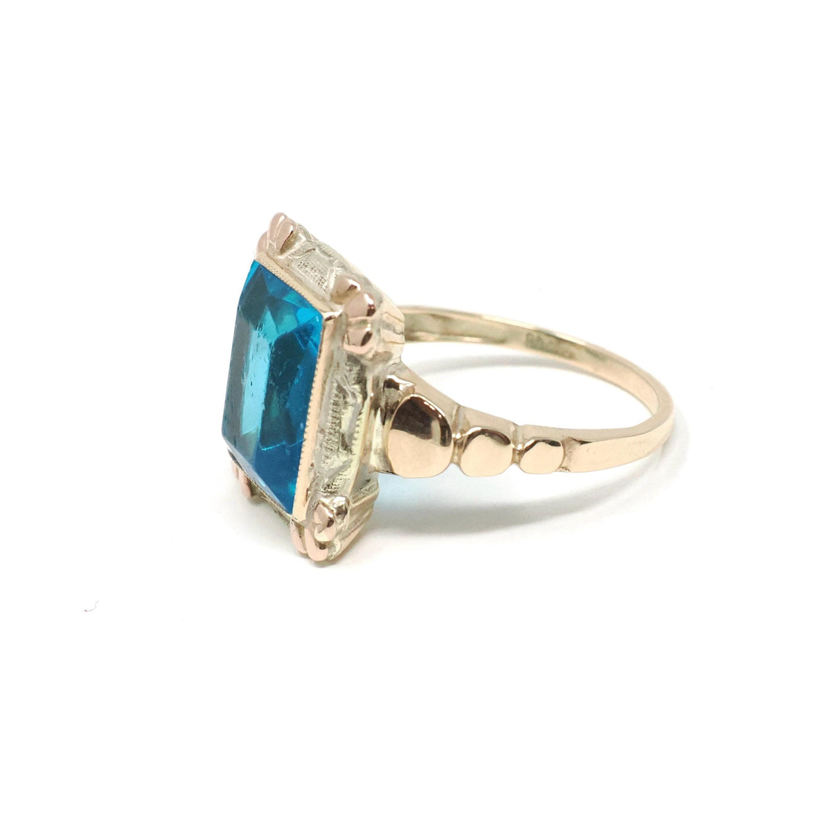 Vintage Glass Ring - Mid Century Era 10k Yellow & Rose Gold Simulated Gemstone Blue Glass - Circa 1940s Size 5 1/4 Fine Statement Jewelry