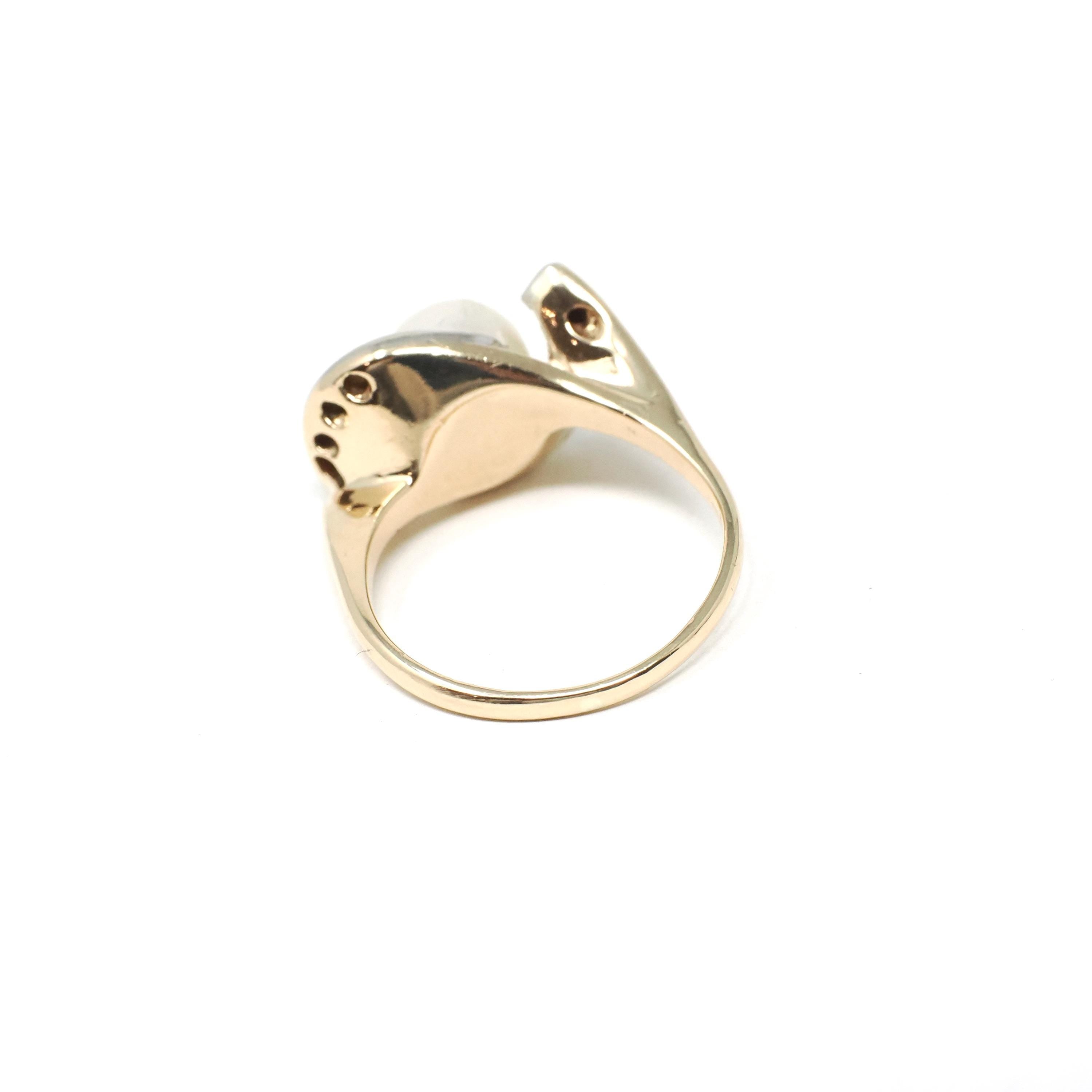 Pearl & Diamond Ring - Retro Era 14k Yellow And White Gold Natural Gemstones - Vintage Circa 1970s Era Size 6 3/4 Fine Statement Jewelry