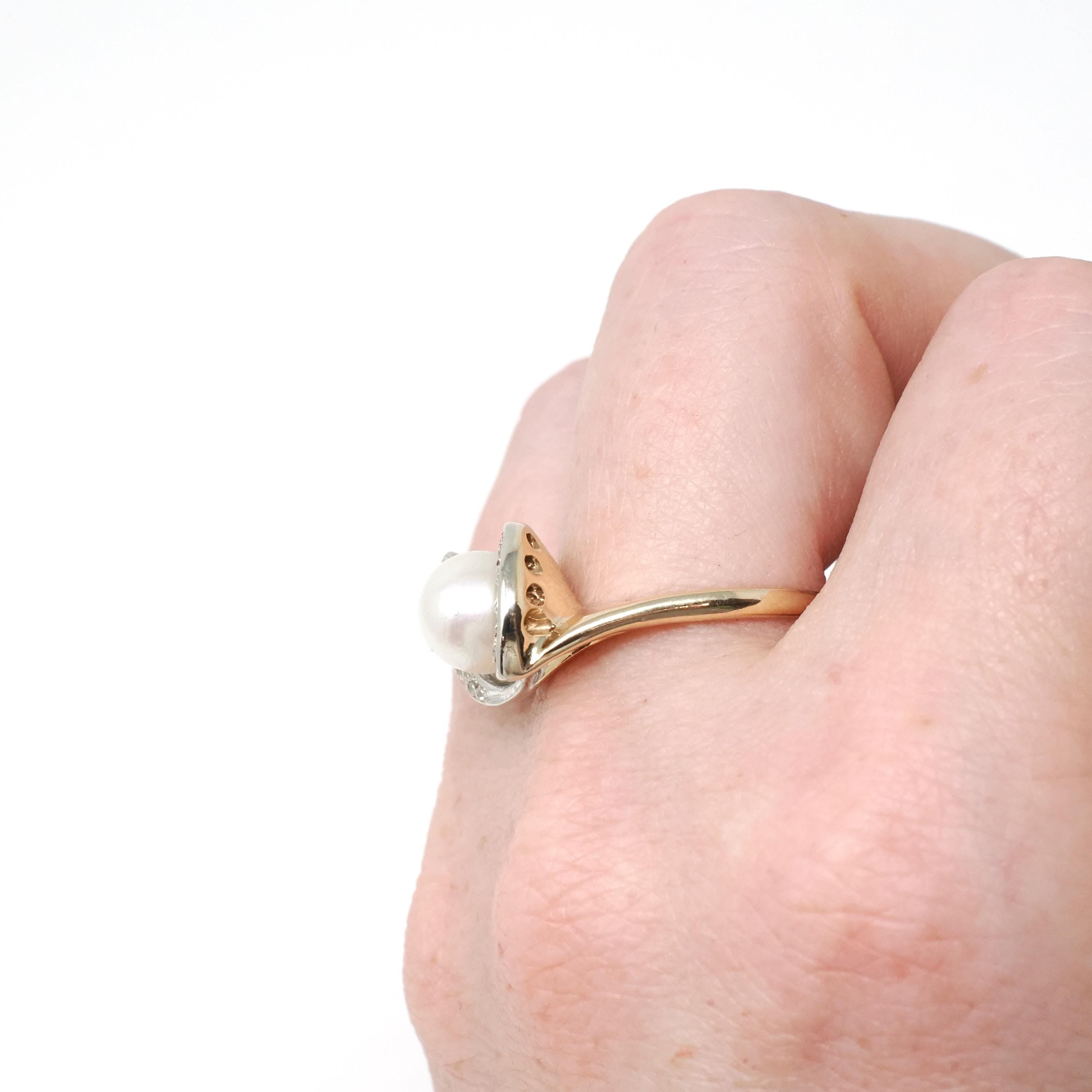 Pearl & Diamond Ring - Retro Era 14k Yellow And White Gold Natural Gemstones - Vintage Circa 1970s Era Size 6 3/4 Fine Statement Jewelry