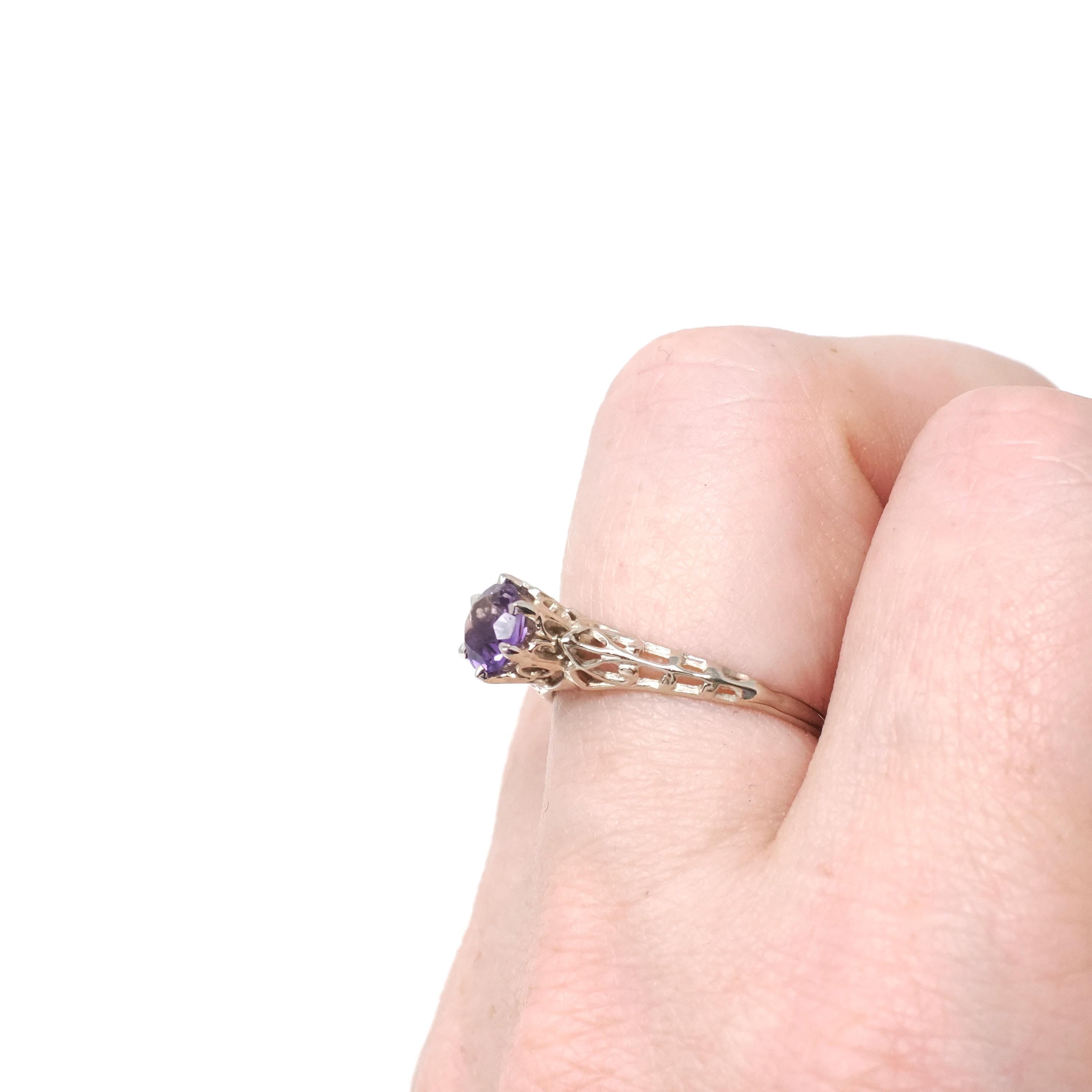 Vintage Amethyst Ring - Art Deco 10k White Gold Round Solitaire Gemstone Filigree - Circa 1930s Era Size 5 3/4 February Fine 30s Jewelry
