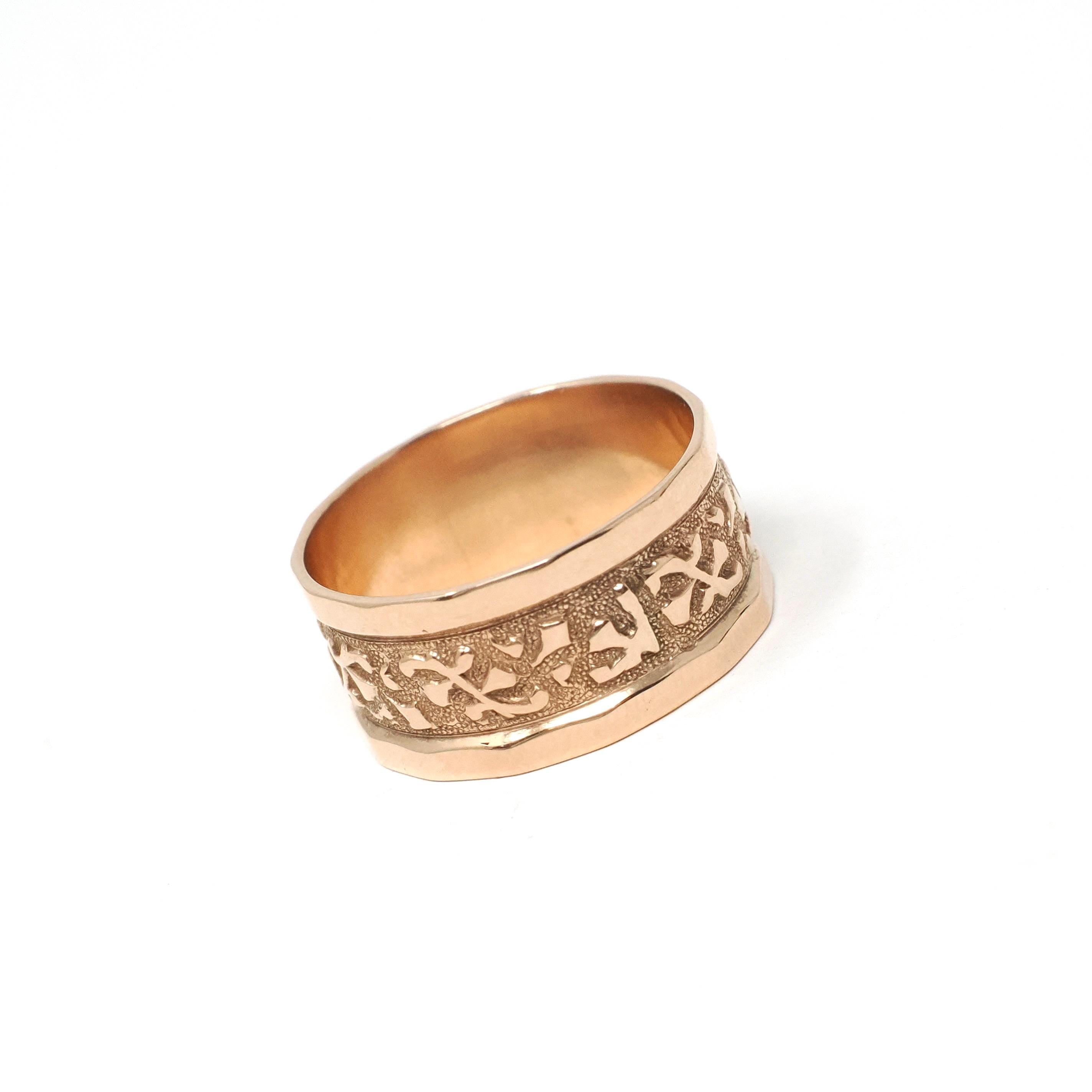 Antique Cigar Band - Edwardian 10k Rose Gold Nature Inspired Designs Wide Ring - Vintage Circa 1900s Size 6 Unisex Fine Statement Jewelry