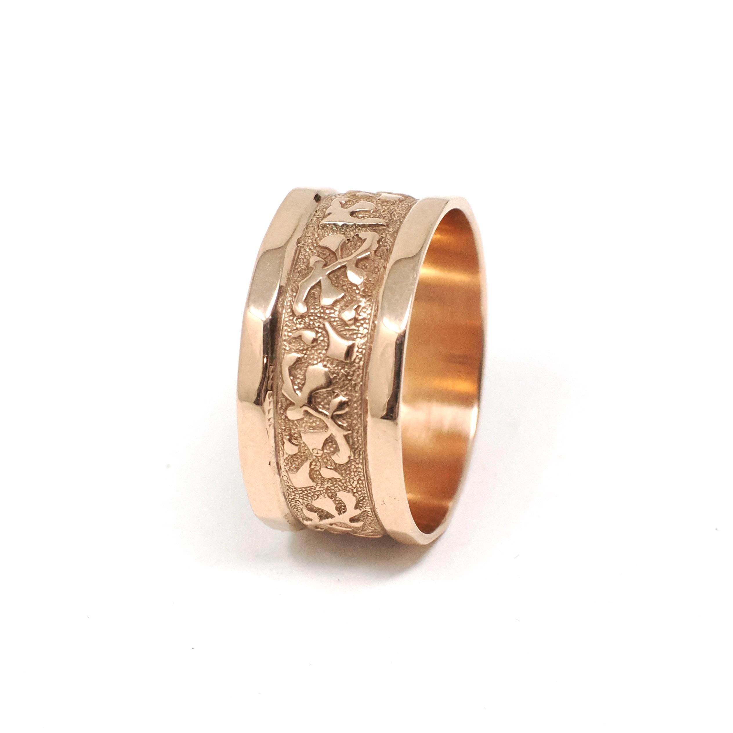 Antique Cigar Band - Edwardian 10k Rose Gold Nature Inspired Designs Wide Ring - Vintage Circa 1900s Size 6 Unisex Fine Statement Jewelry