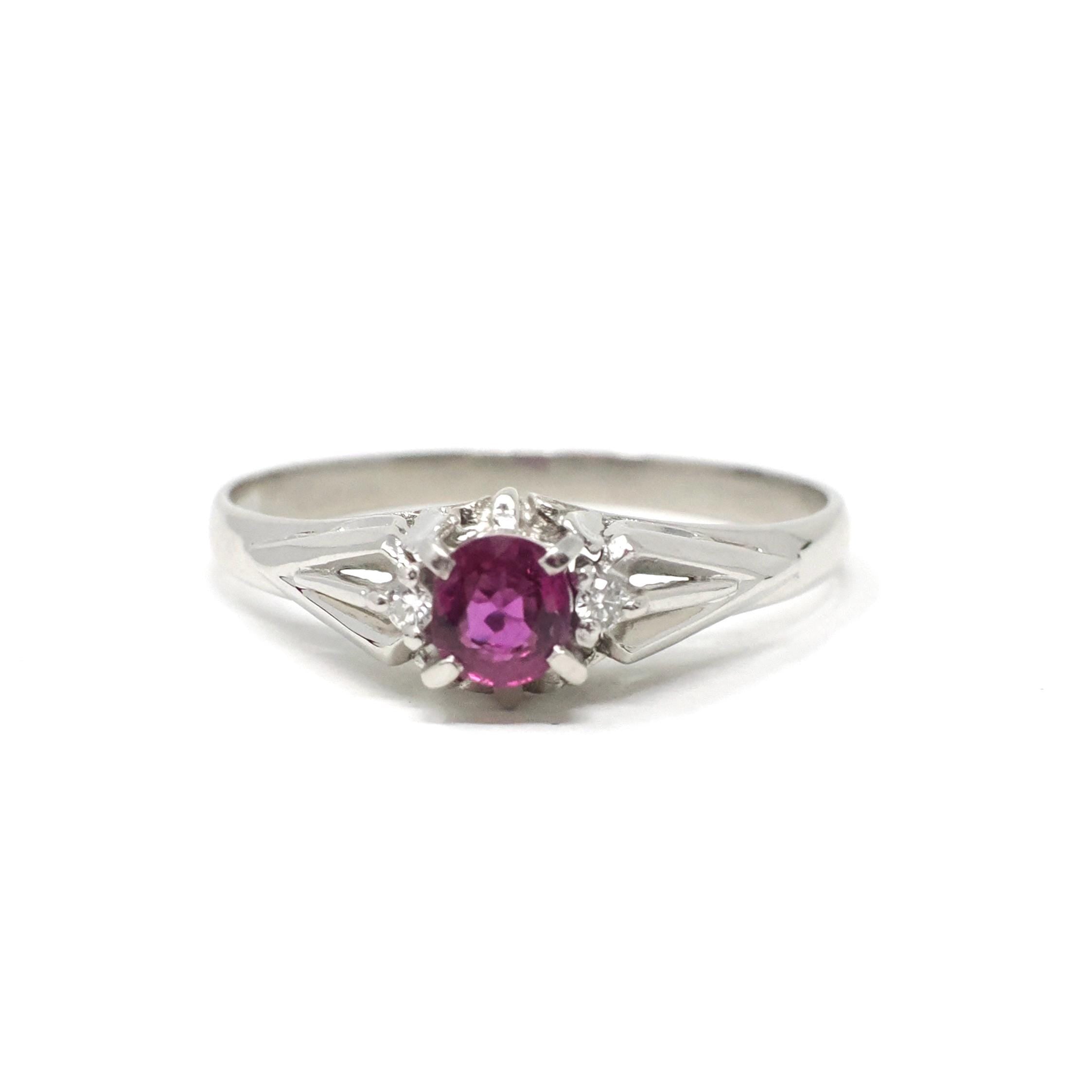 Ruby & Diamond Ring - Estate Platinum Natural Red Gemstone - Modern Size 7 1/4 July Birthstone Engagement Fine Bridal Anniversary Jewelry