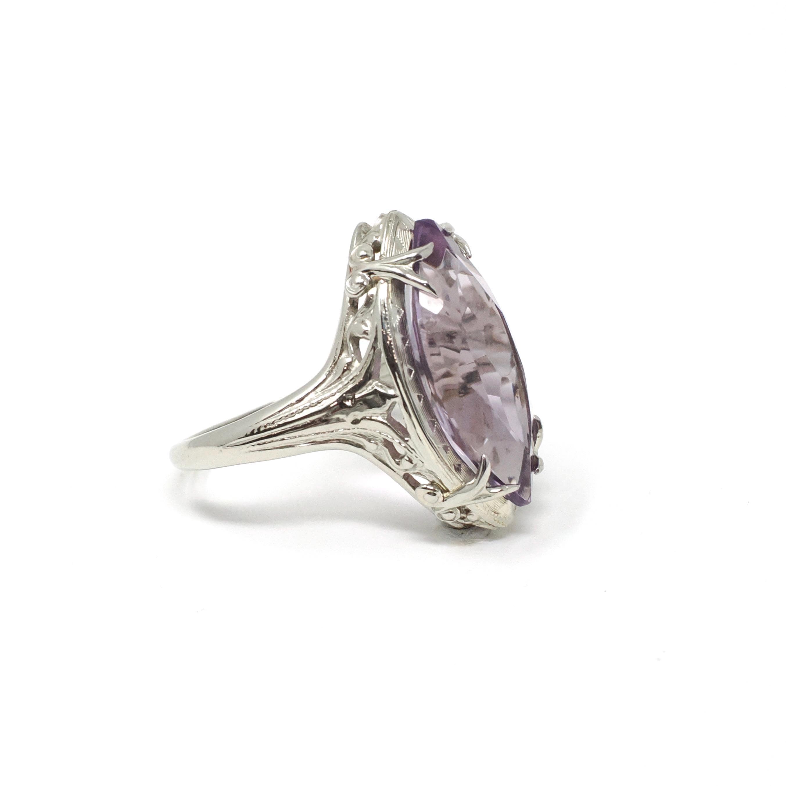 Art Deco Amethyst Ring - Vintage 14k 18k White Gold Marquise Gemstone Die Struck Filigree - Circa 1930s Era Size 6 Statement Fine Jewelry