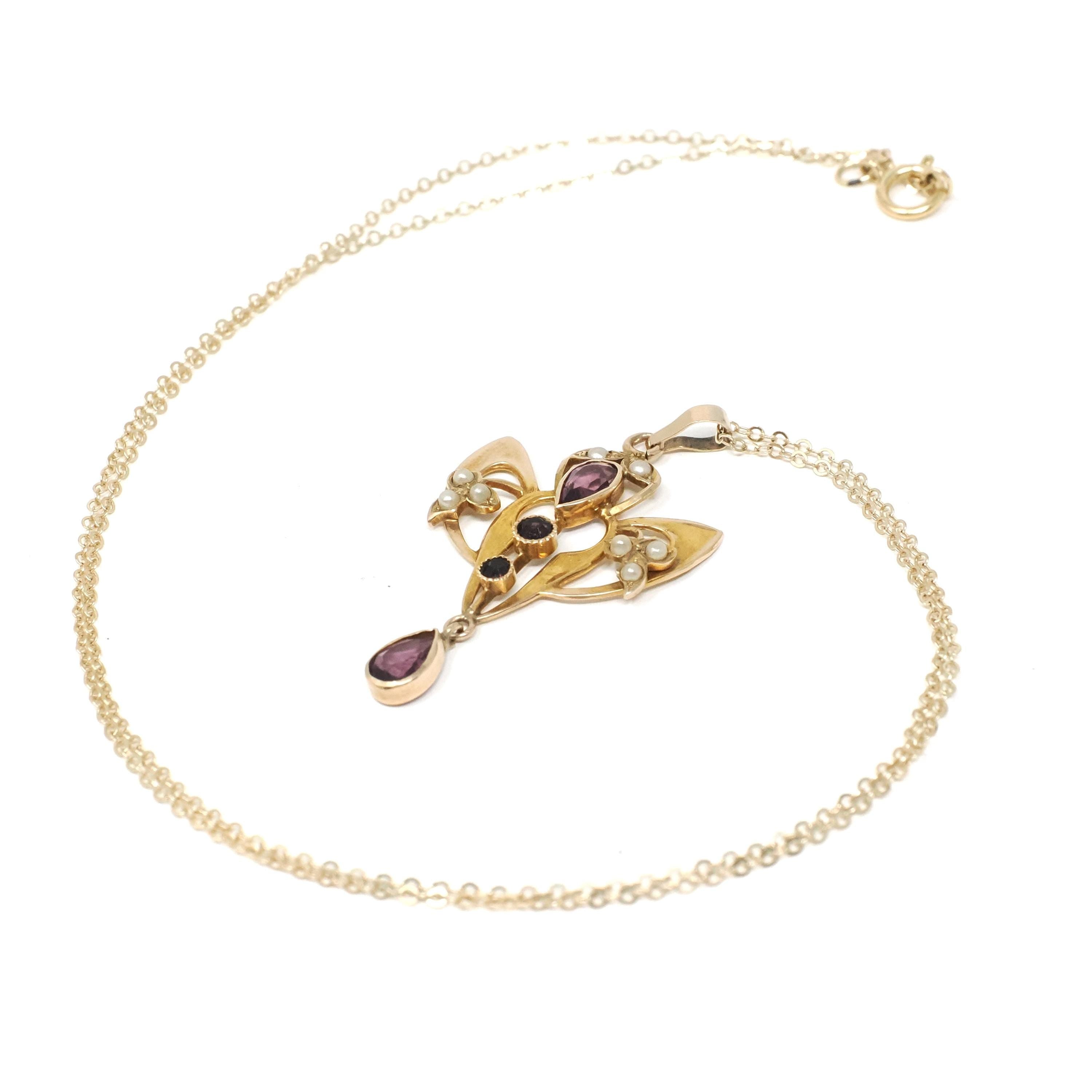 Antique Lavalier Necklace - Edwardian 10k Yellow Gold Simulated Amethyst Seed Pearl Pendant - Circa 1910s Purple Glass Dainty Fine Jewelry