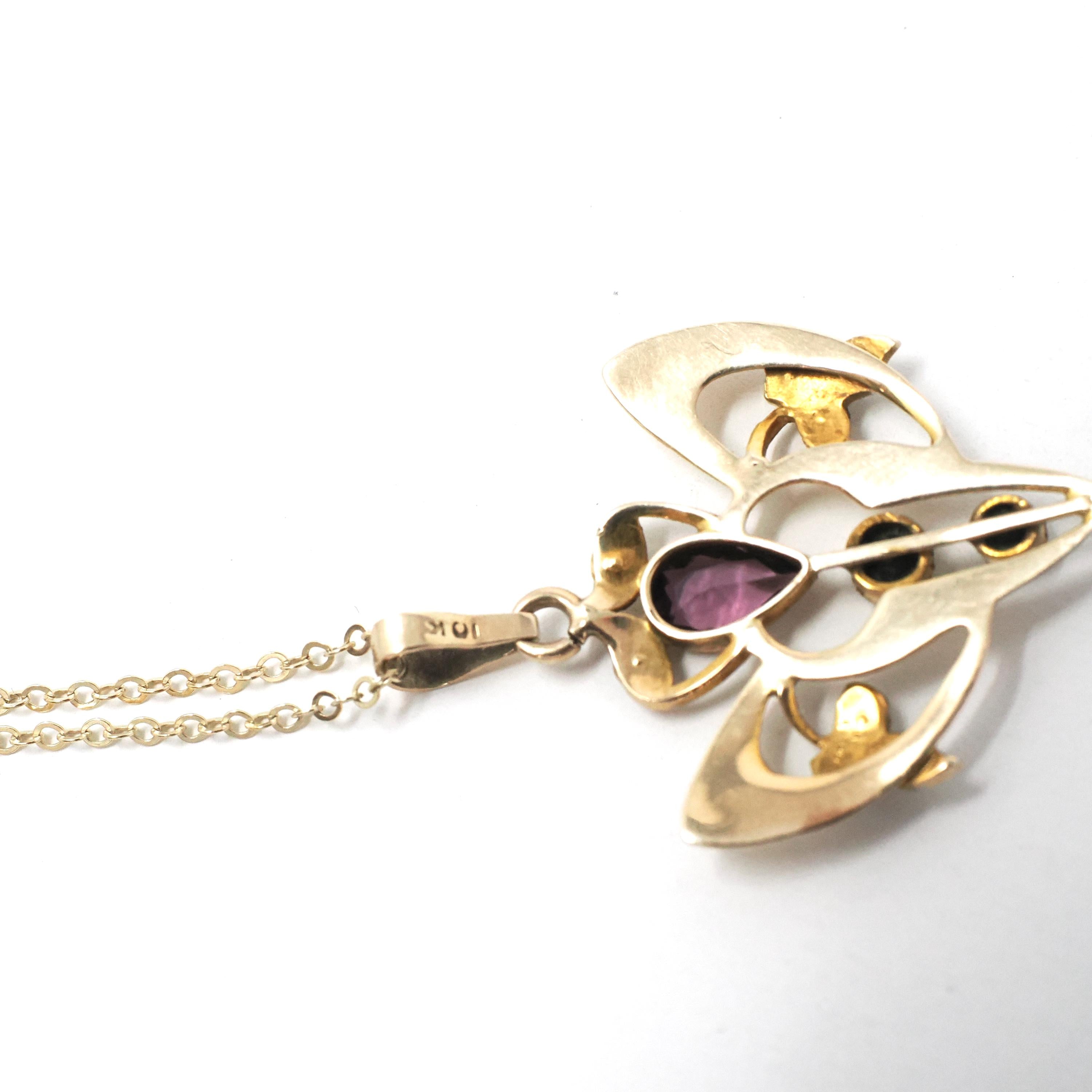Antique Lavalier Necklace - Edwardian 10k Yellow Gold Simulated Amethyst Seed Pearl Pendant - Circa 1910s Purple Glass Dainty Fine Jewelry